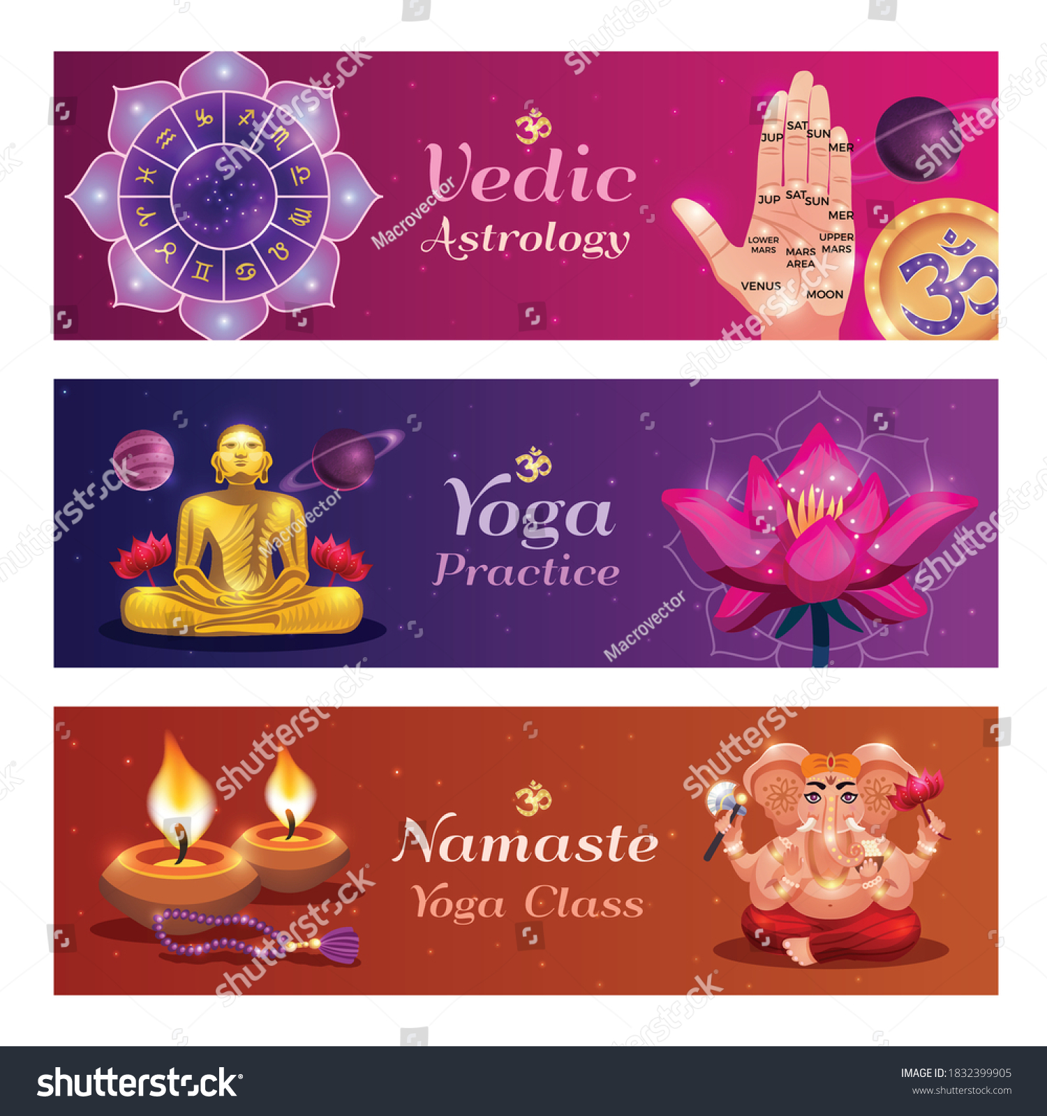 SVG of Yoga namaste 3 horizontal colorful background vedic astrology banners with lotus candles hand palm reading vector illustration  svg