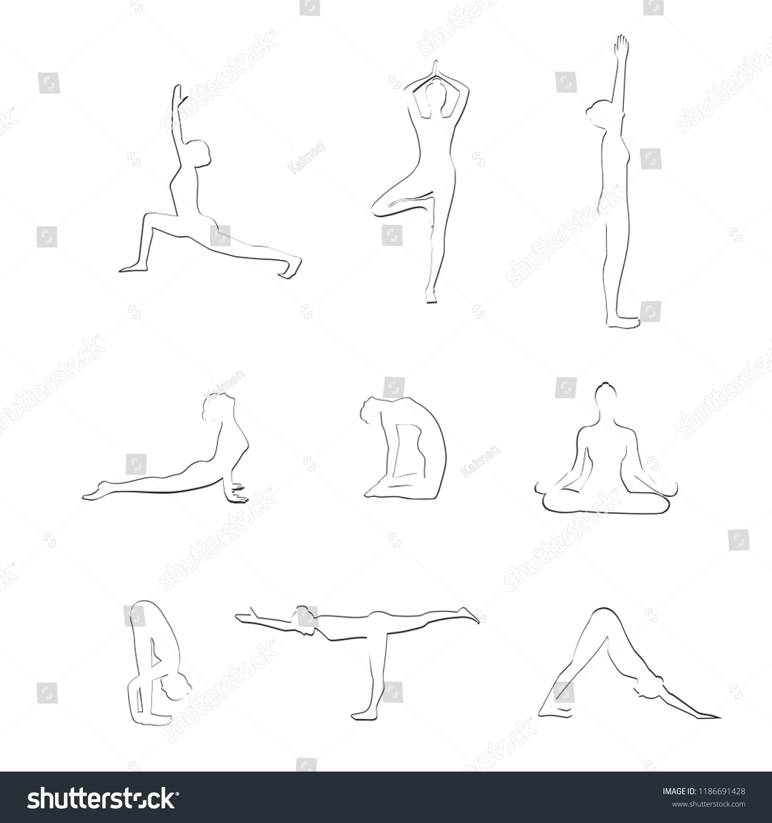 Yoga Poses Line Silhouette Silhouette Outline Stock Vector (Royalty ...