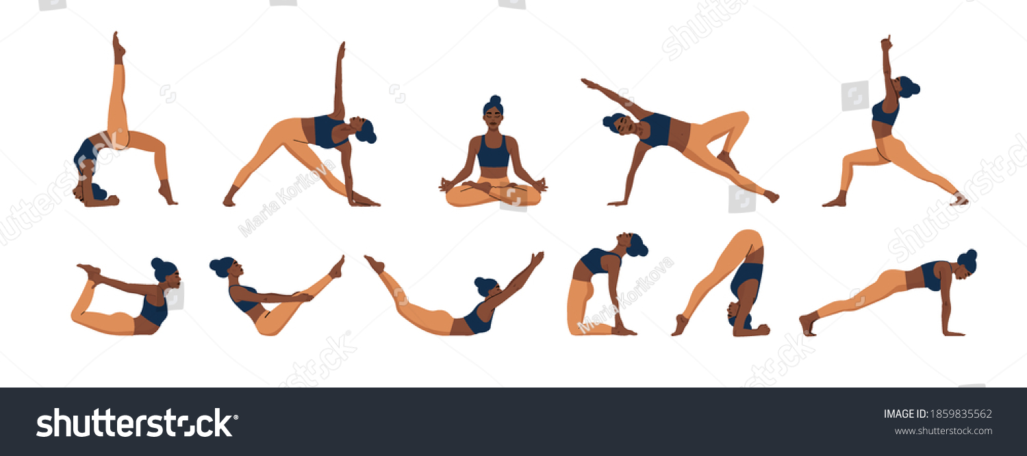 SVG of Yoga poses set. Woman practicing meditation and stretching. Healthy lifestyle concept. Flat cartoon vector illustration. svg