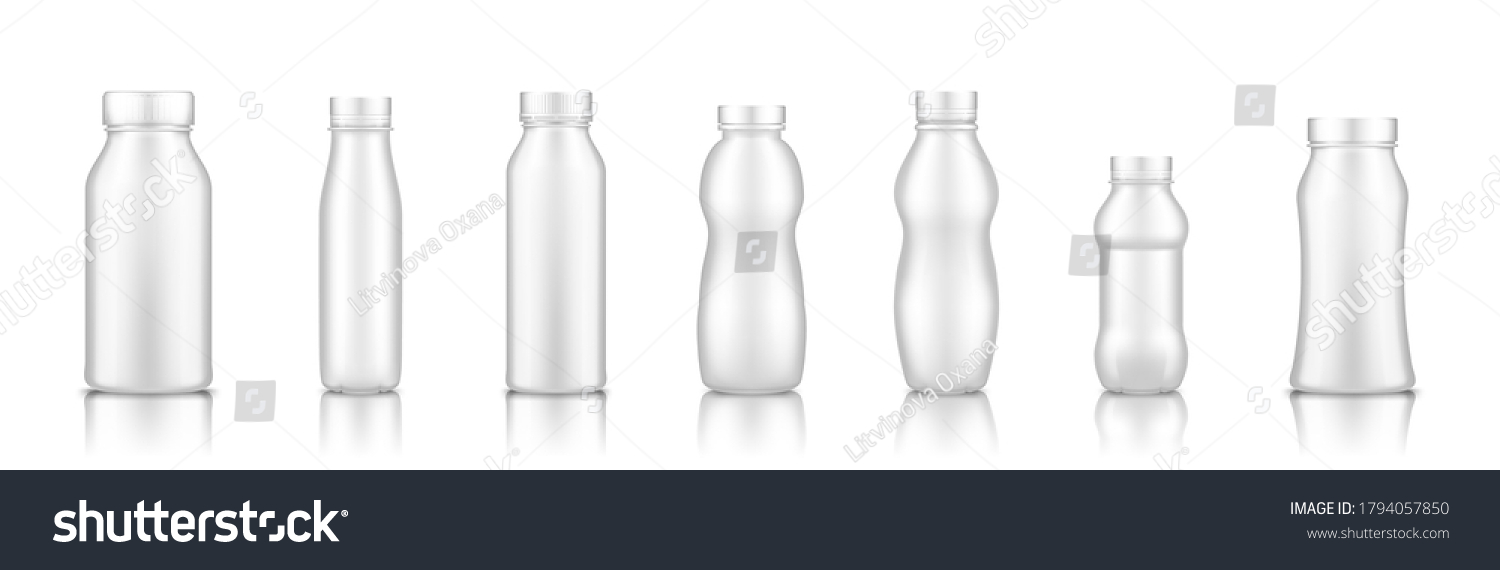 SVG of Yogurt, milk, juice or shampoo white plastic bottle set mockup isolated from background. Package design. Blank food, cosmetic or detergent product. Container template. 3d vector illustration svg