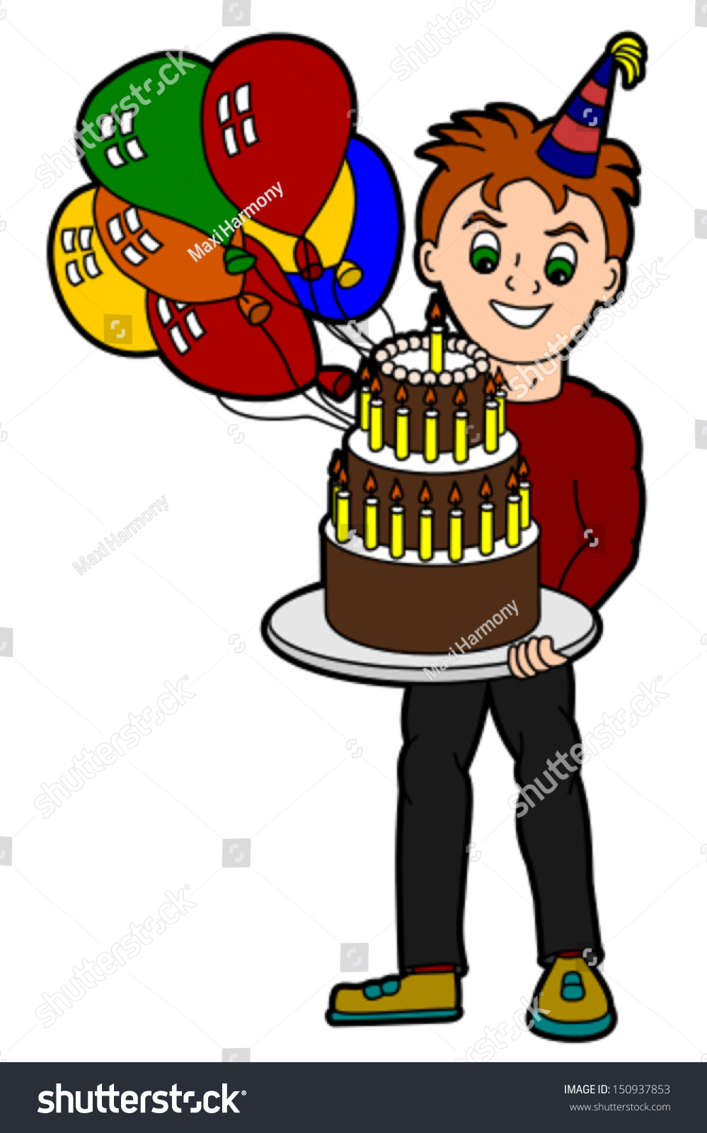 Young Adult Man Holding Birthday Cake And Balloons, Cartoon ...