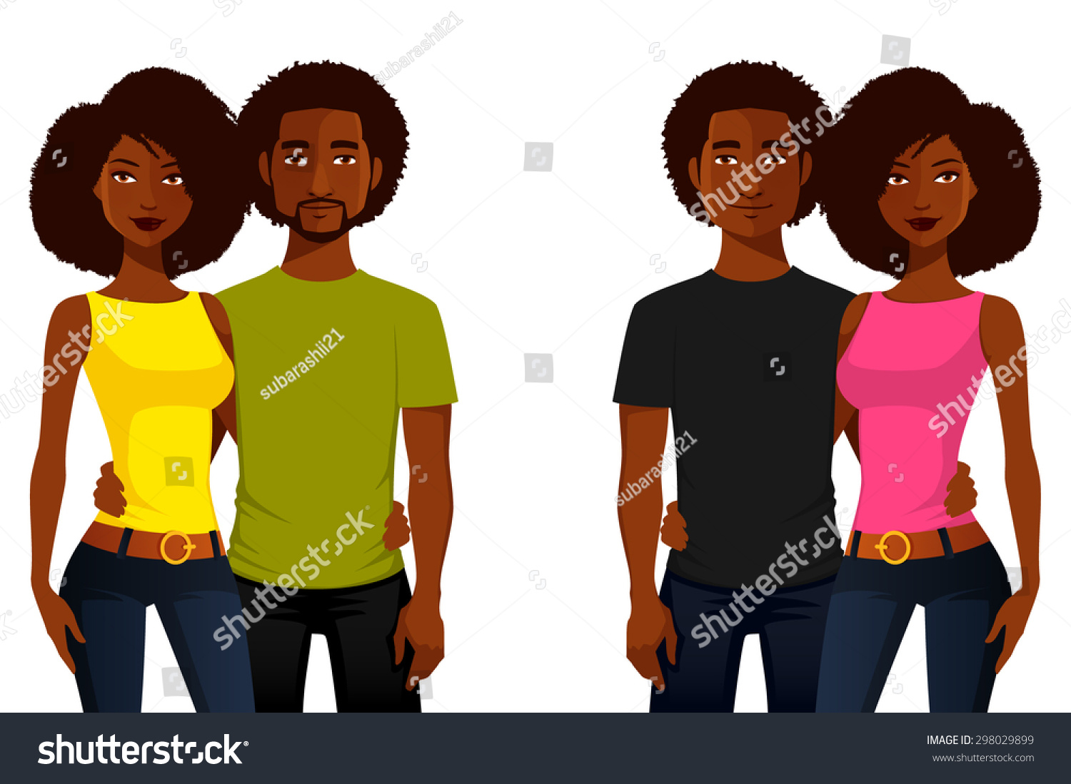 SVG of young African American people in casual clothes. Attractive black couple in jeans, hugging. Cartoon character. Vector eps file. svg