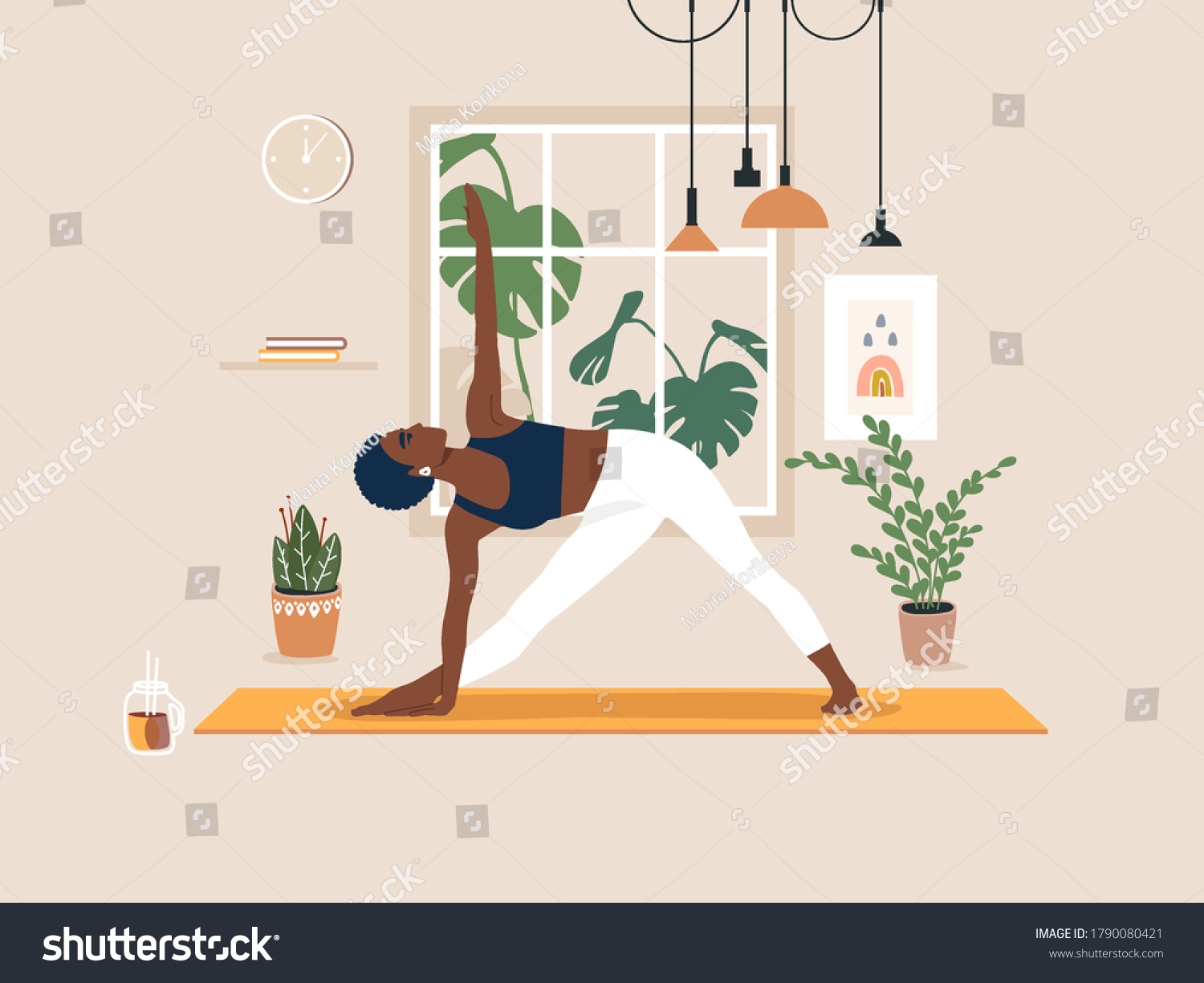 SVG of Young african american woman doing yoga exercises, practicing meditation and stretching on the mat. Black female character practicing in yoga studio or home. Trendy flat vector illustration. svg