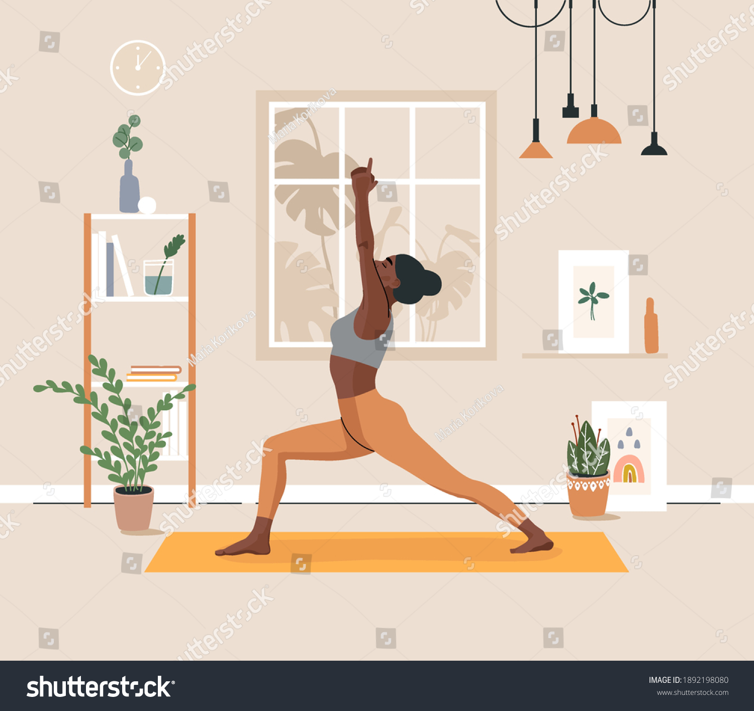 SVG of Young african american woman doing yoga exercises, practicing meditation and stretching on the mat. Black female character in yoga studio or home. Trendy flat vector illustration. svg