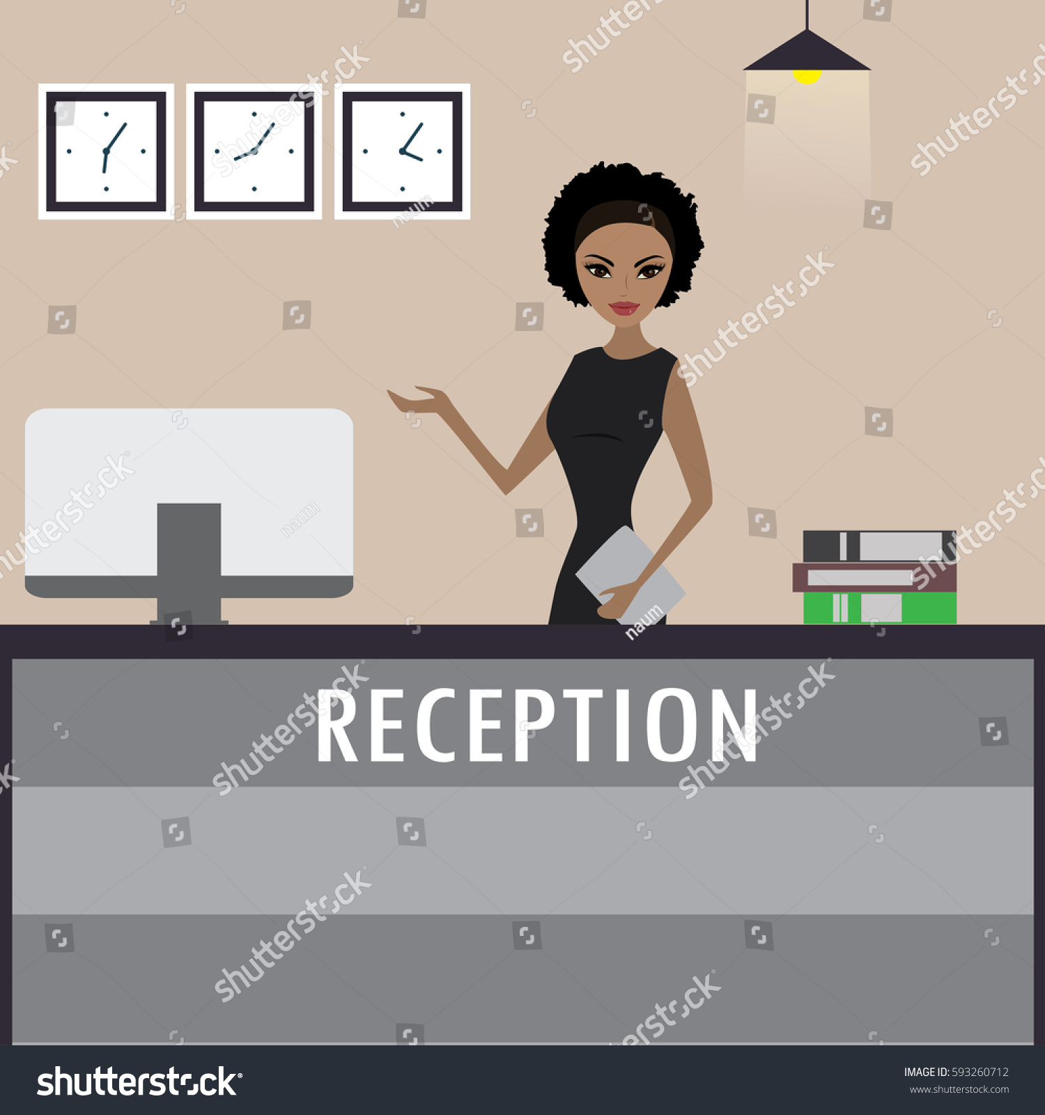 Young African American Woman Receptionist Stands Stock Vector Royalty Free 593260712 1850