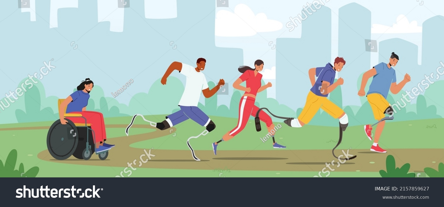 SVG of Young Amputee Men or Women Outdoors Running. Disabled Athlete Characters Run City Marathon, Sportsmen and Sportswomen on Wheelchair or Bionic Leg Prosthesis Jogging. Cartoon People Vector Illustration svg