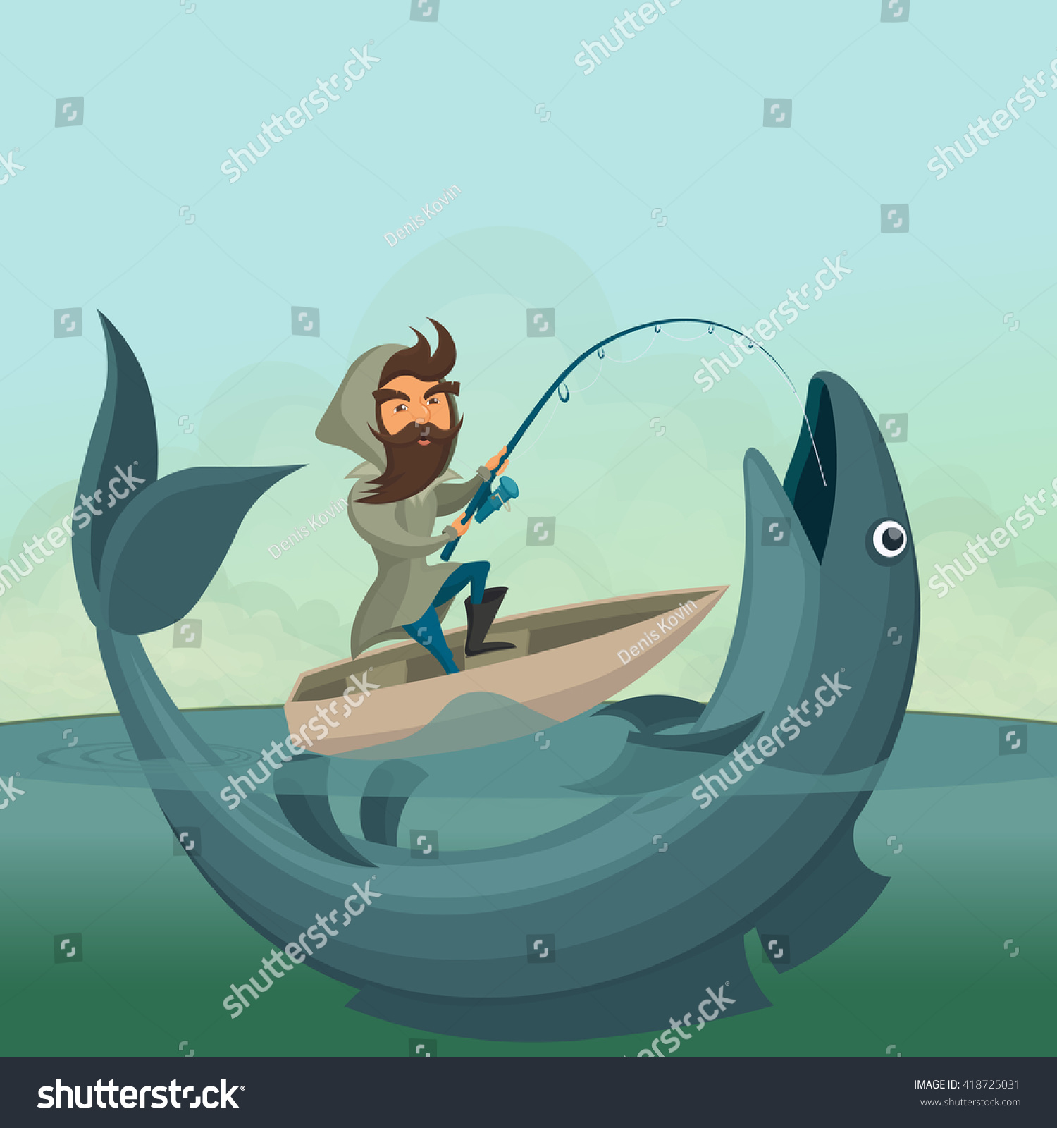 Young Bearded Fisherman Catch Real Big Stock Vector (Royalty Free ...