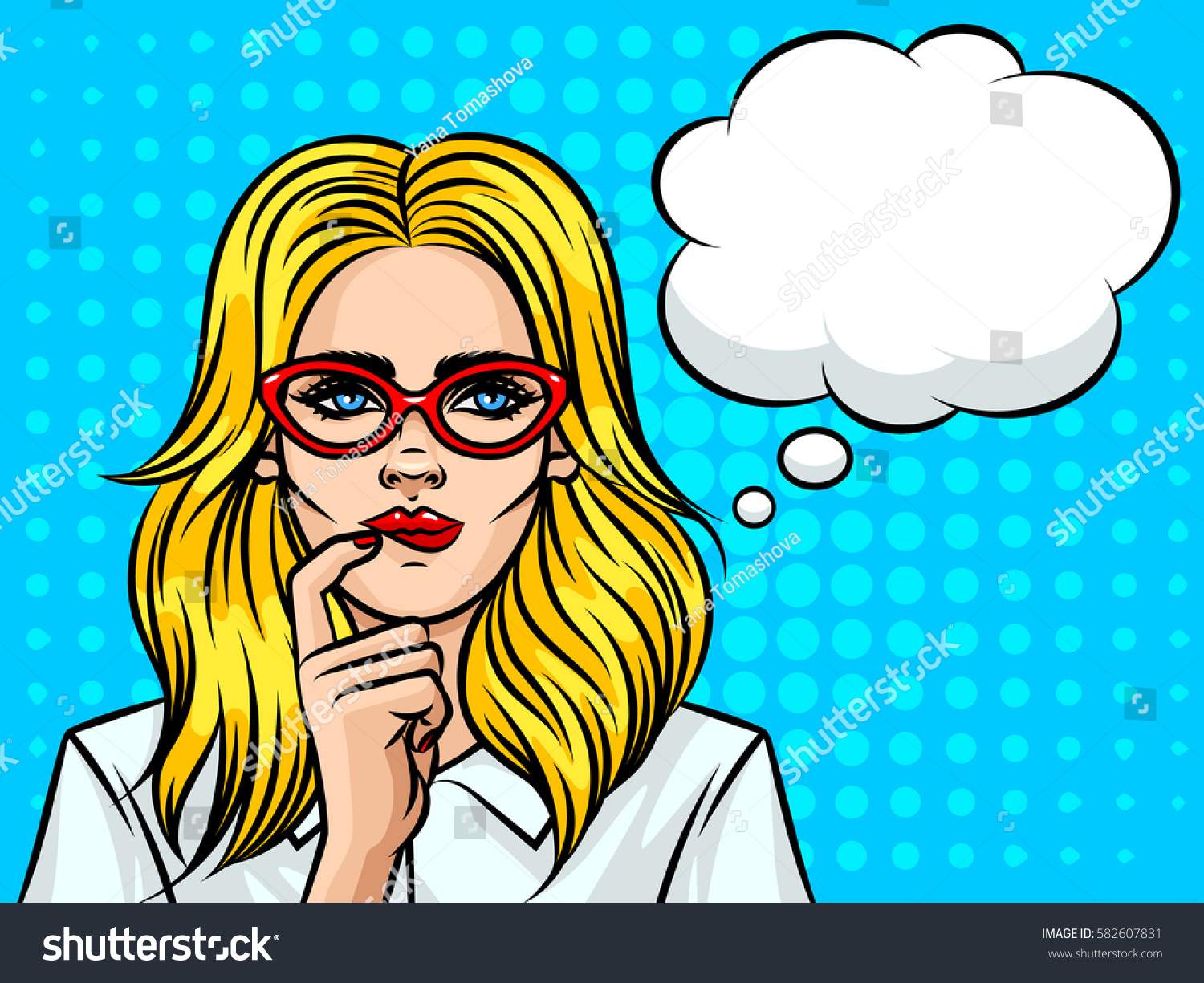 Young beautiful business woman with speech bubble thinking about something. Girl with glasses the European type on background of pop art style