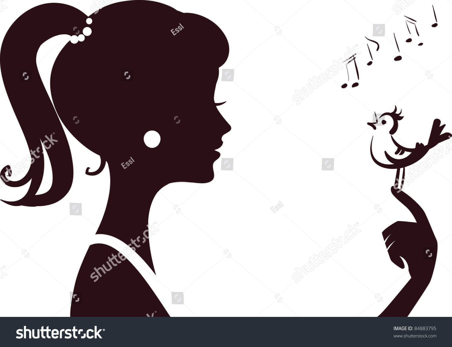 Young Beautiful Girl Silhouette Little Bird Stock Vector 