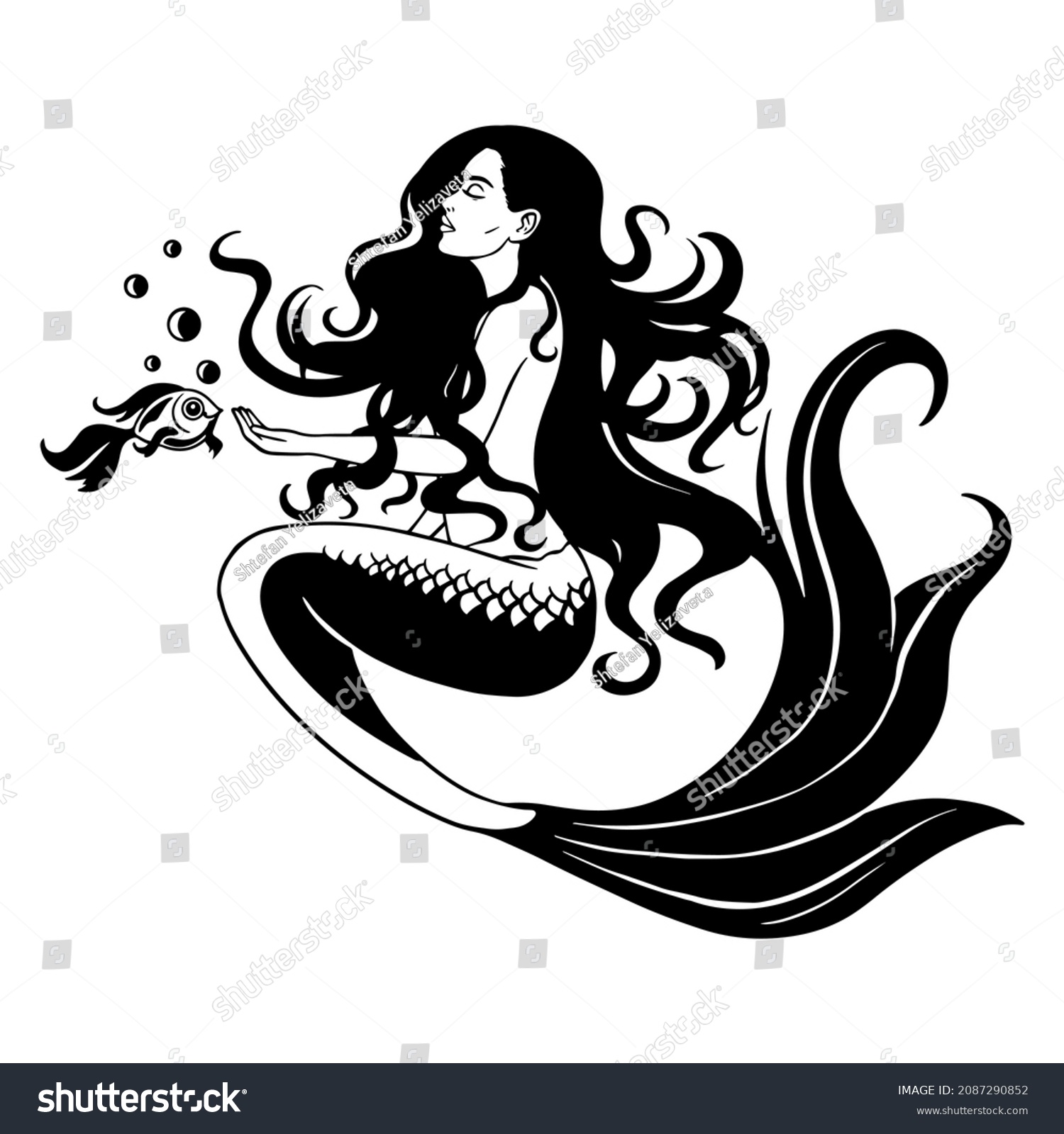 SVG of Young beautiful mermaid with a fish. Black silhouette. Design element. Vector illustration isolated on white background. Template for books, stickers, posters, postcards, clothes.mermaid cut file svg
