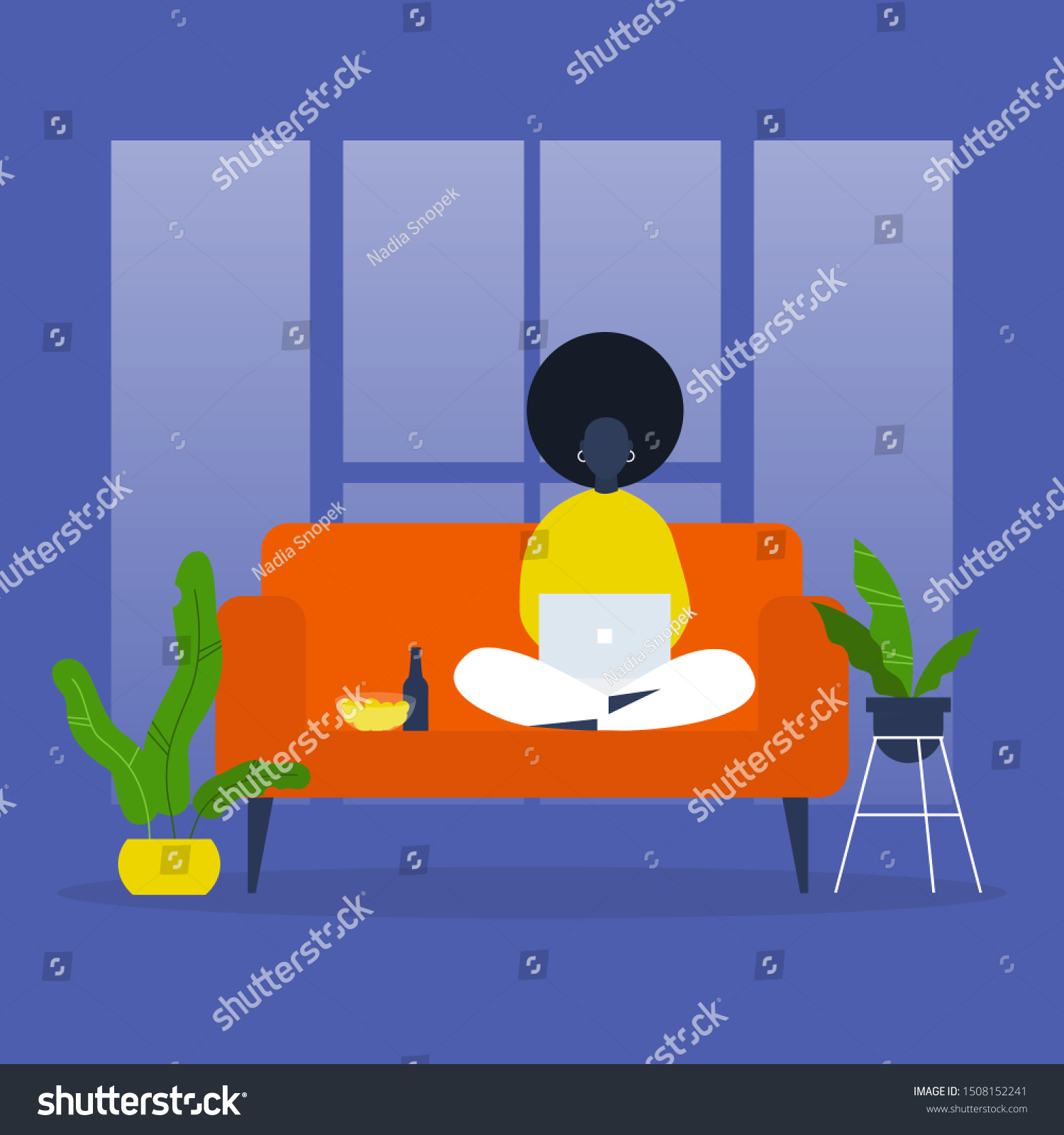 SVG of Young black female character sitting on sofa and watching TV series on a laptop. Snacks and beer. Leisure. Weekend activities. Chill. Flat editable vector illustration, clip art svg