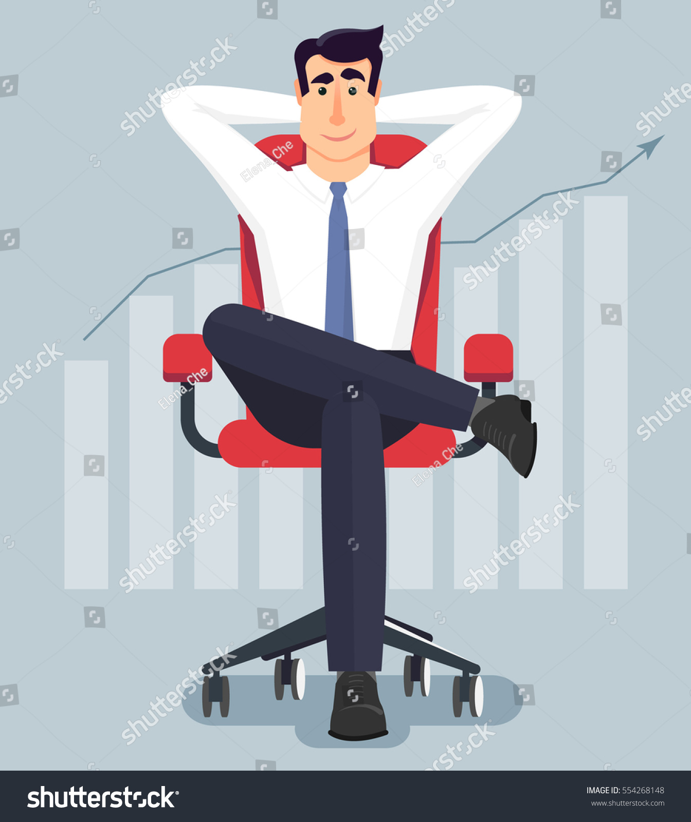 オフィスでくつろぐ若い実業家 キャスターの椅子の脚に静かに座っている実業家が 頭の後ろで十字を切り 手を組む ビジネス上のボスが落ち着いたポーズで休んでいる 現代のフラットなベクターイラスト のベクター画像素材 ロイヤリティフリー