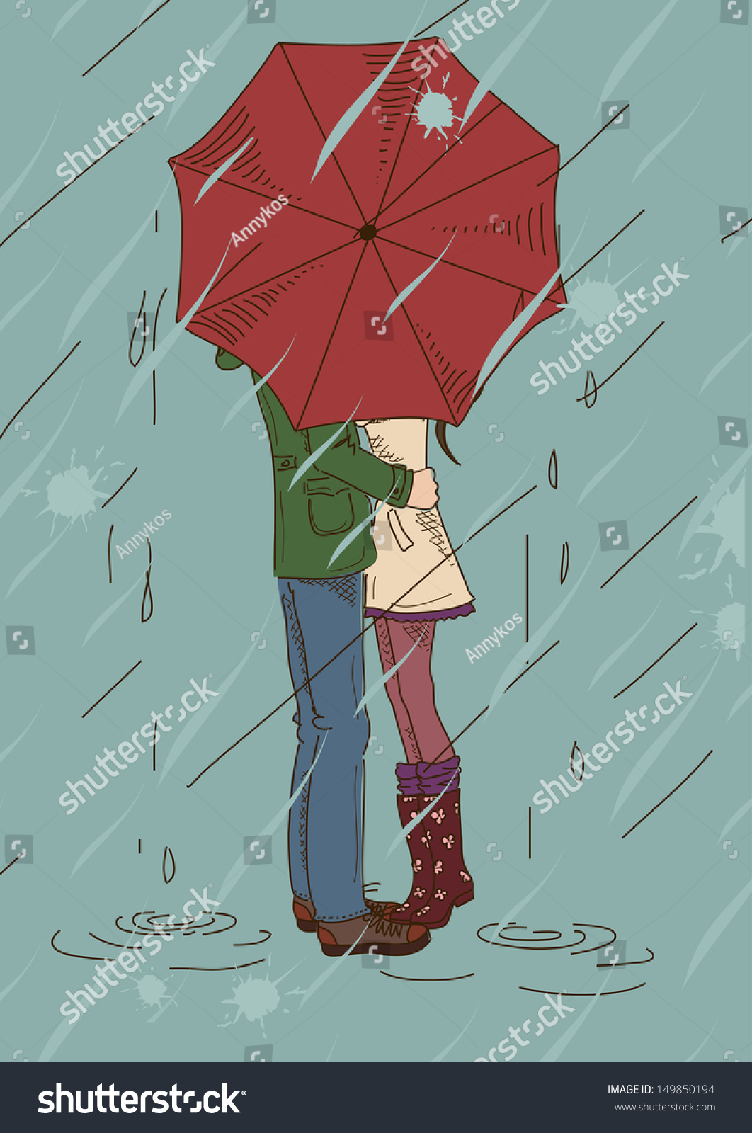 Young Couple Kissing Under Umbrella Rain Stock Vector (Royalty Free ...