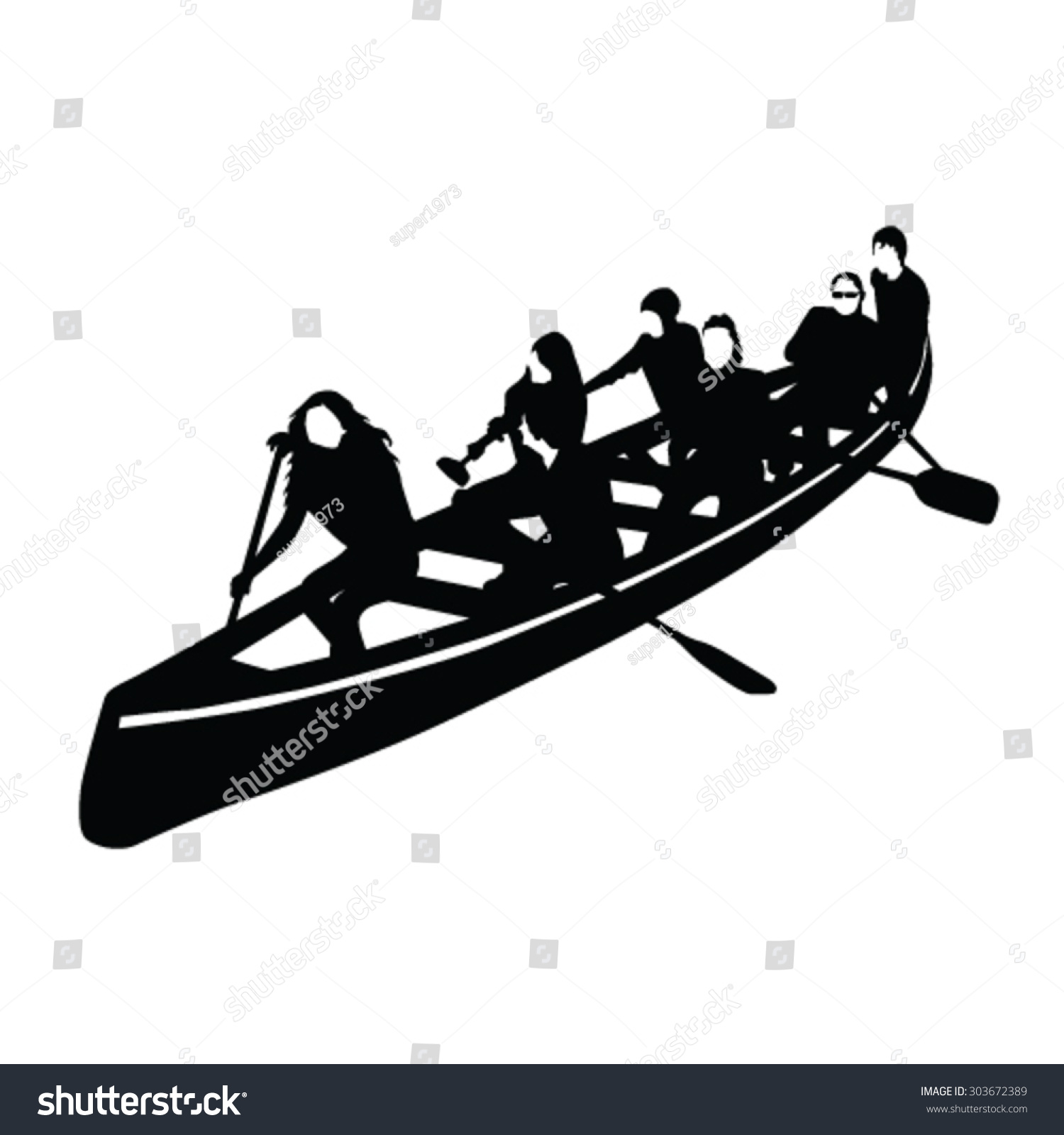 Young Crowd Rowing Canoe Vector Silhouette Stock Vector 