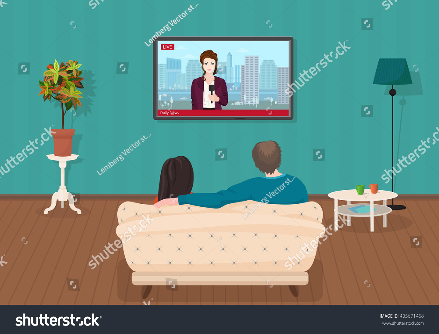 Young Family Man Women Watching Tv Stock Vector (Royalty Free ...