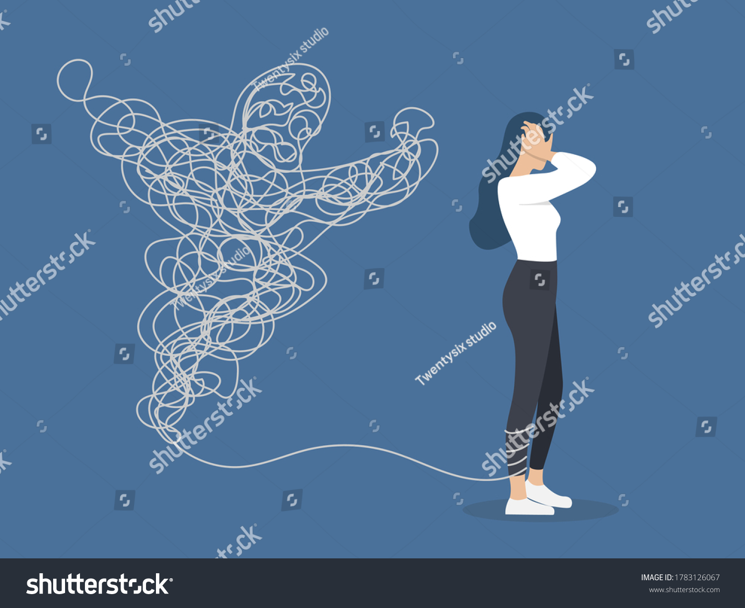 SVG of Young female character having a panic attack illustration, an imaginary rope monster, mental health issues, psychology svg