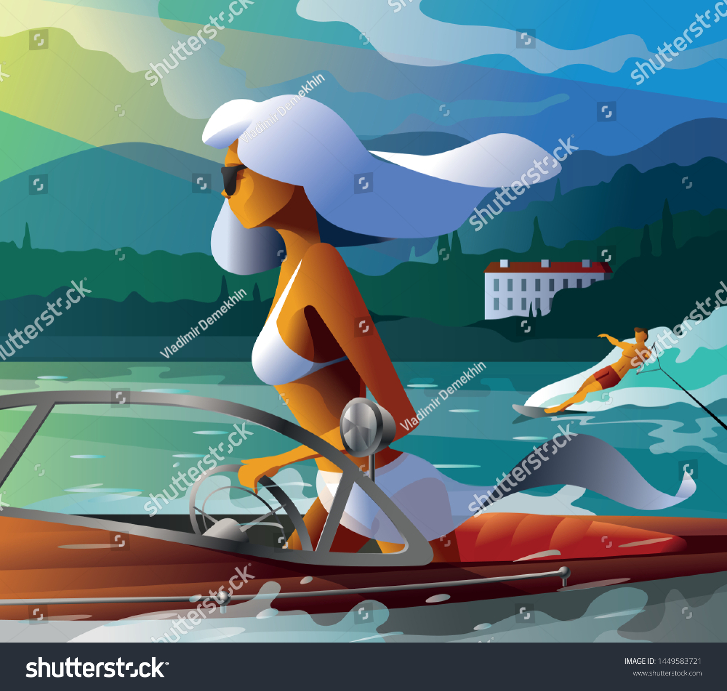 SVG of Young female riding a boat pulling water skier svg