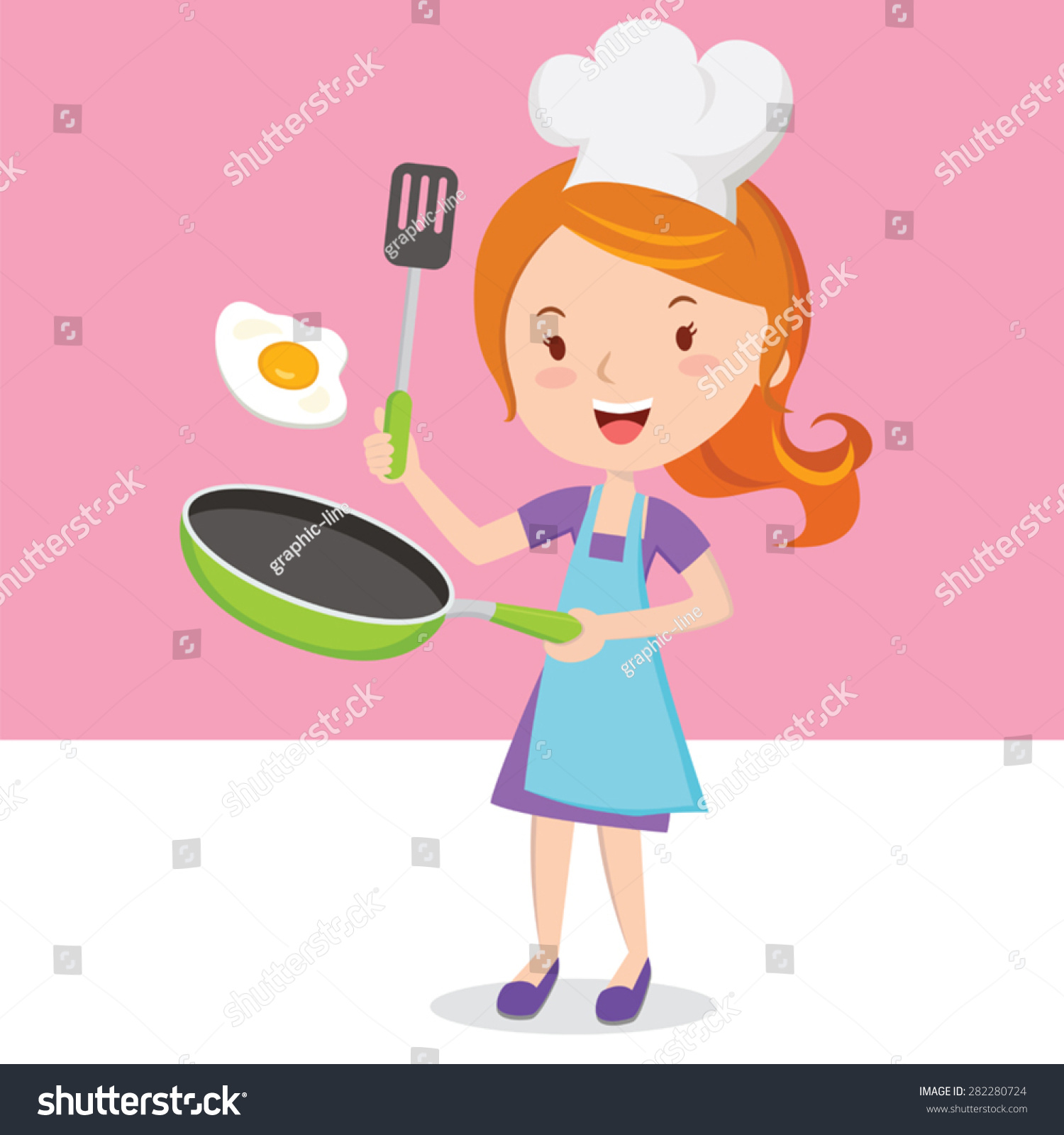 Young Girl Frying Egg. Beautiful Woman Holding Spatula And Flipping Egg ...