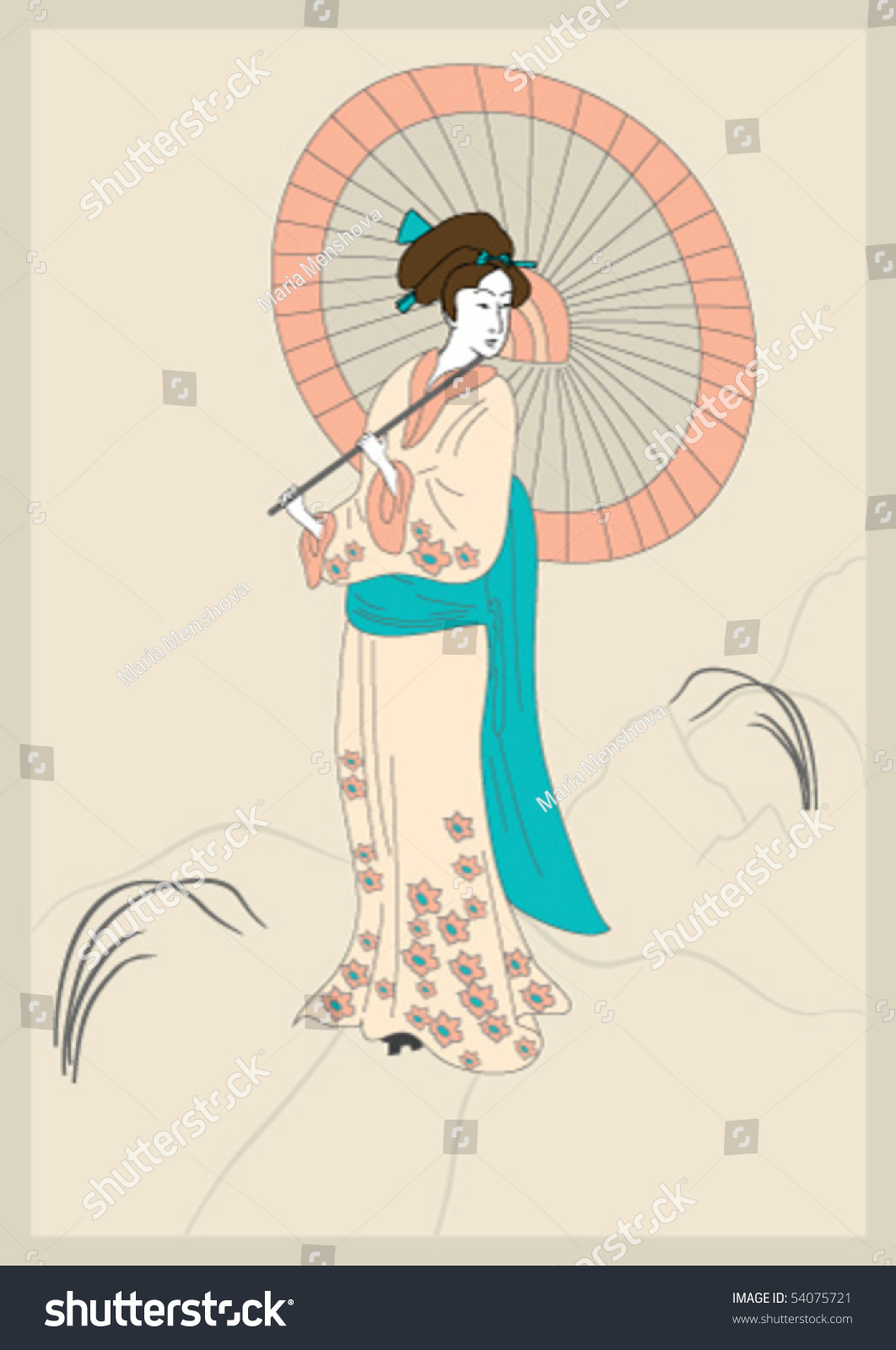 Young Girl Kimono Umbrella Japanese Style Stock Vector (Royalty Free ...