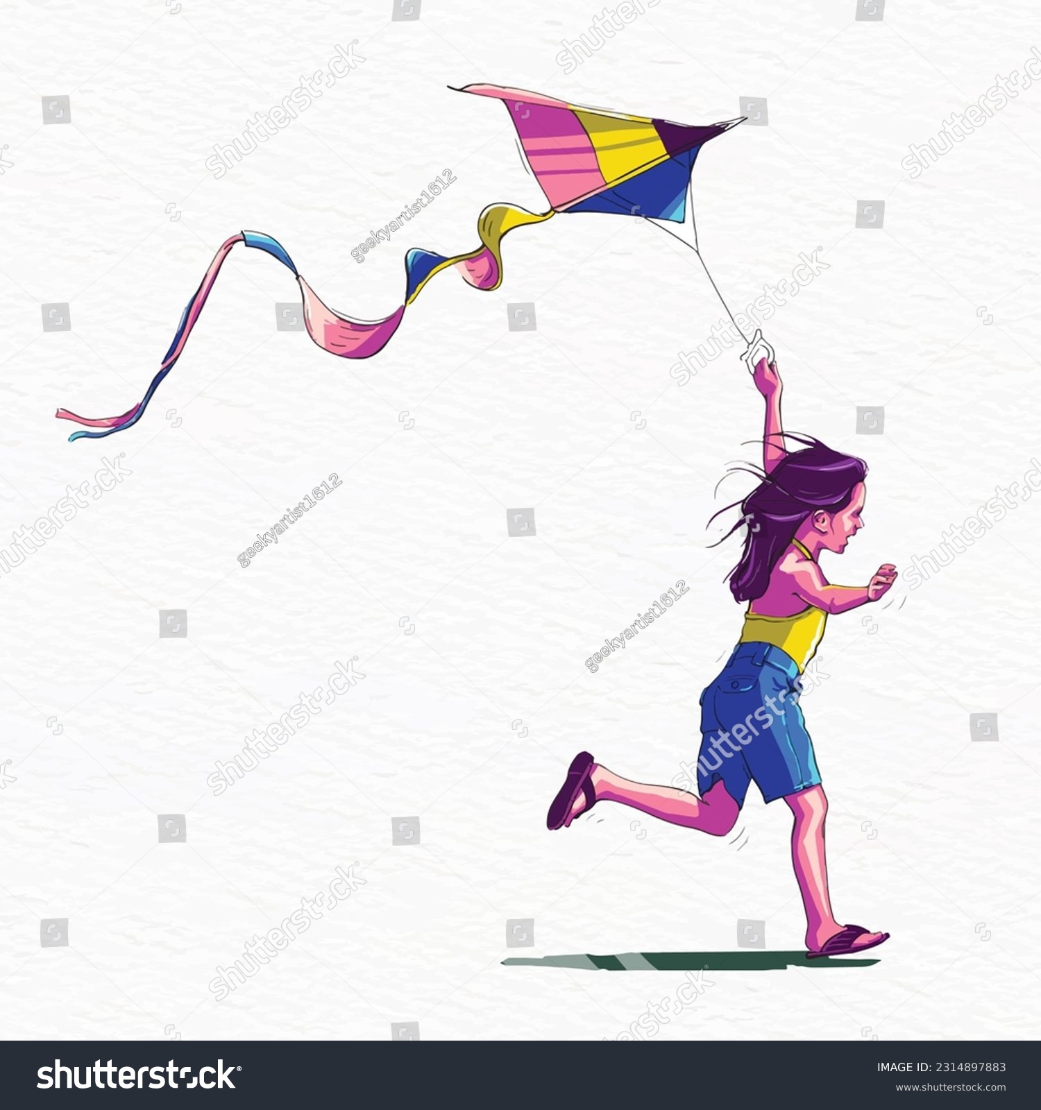 SVG of Young girl running and flying kite hand drawn vector illustration svg