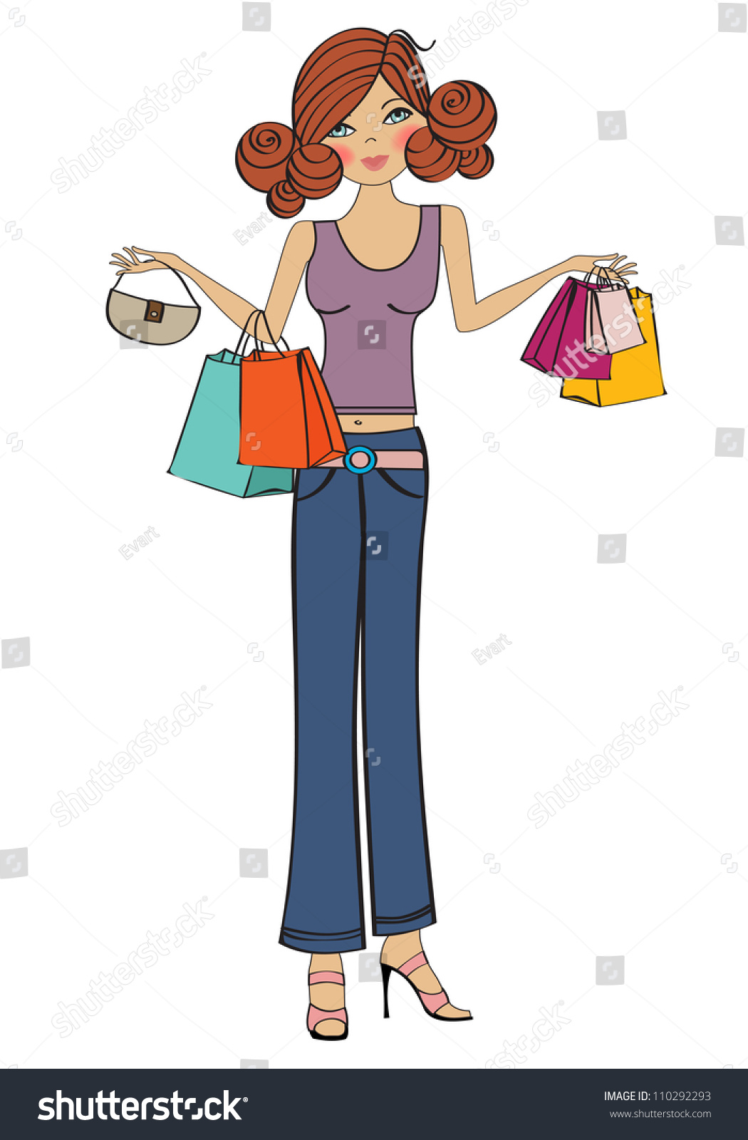 Young Girls At Shopping, Vector Illustration Isolated On White ...