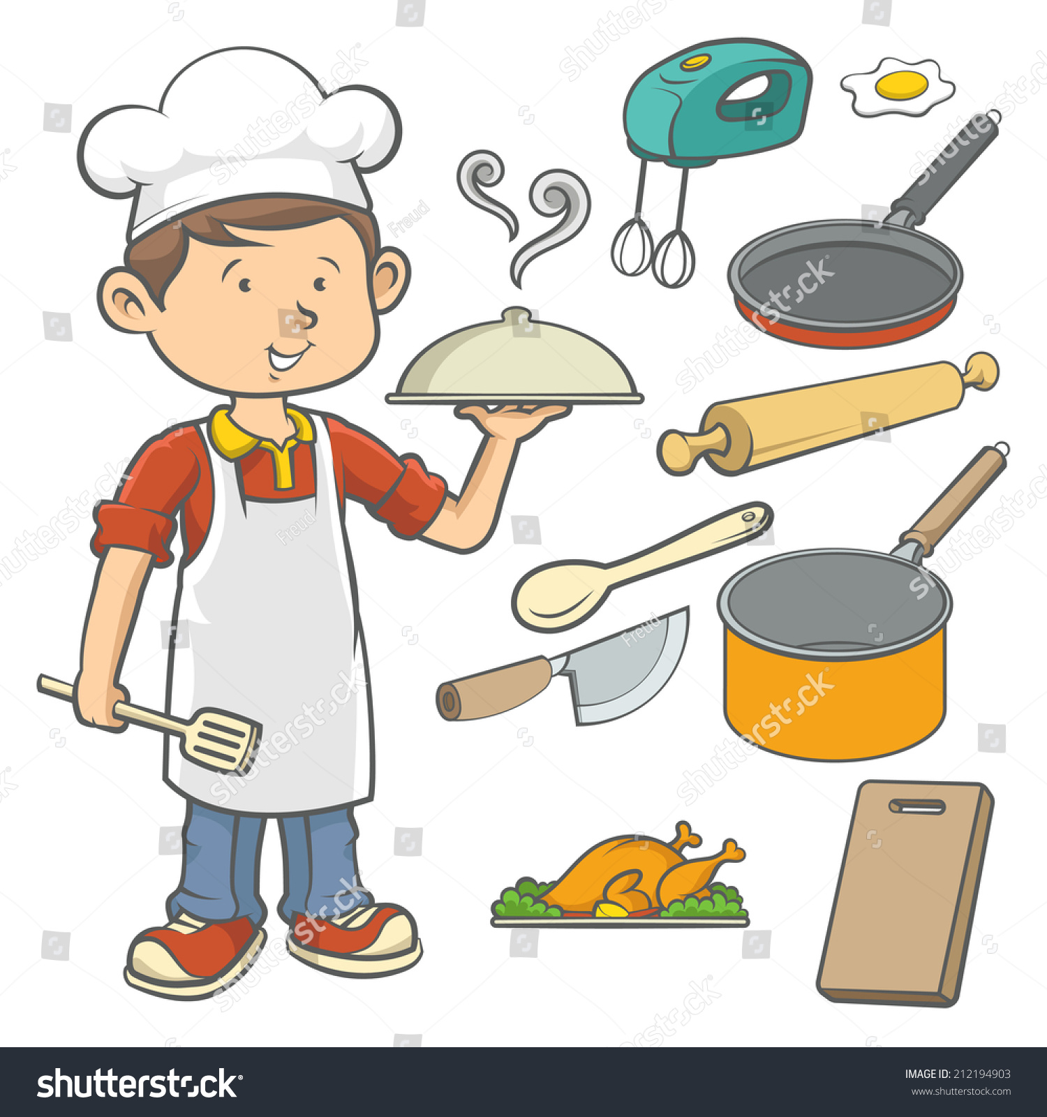 Young Kid Chef Costume Kitchen Equipments Stock Vector 212194903 ...