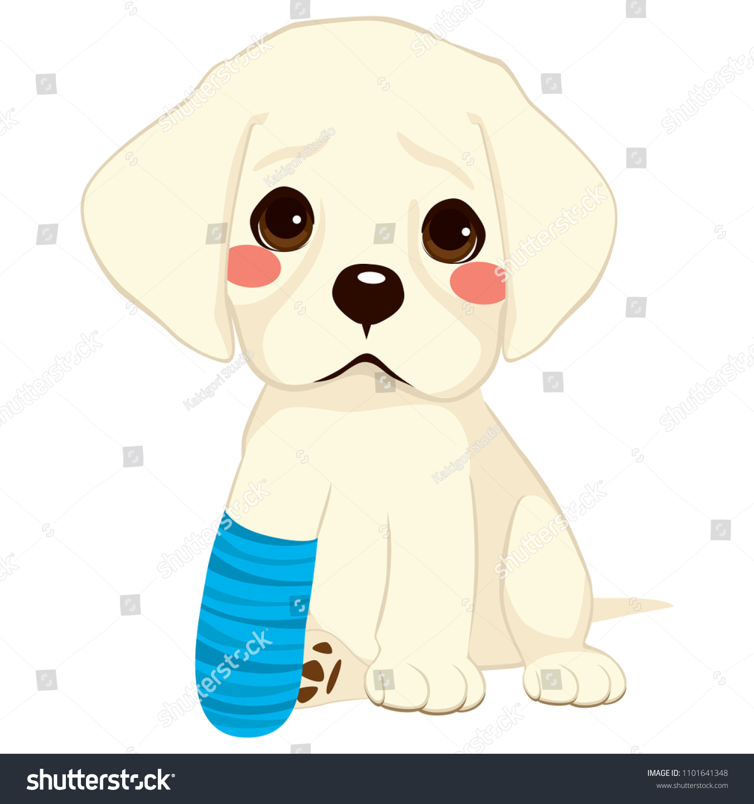 SVG of Young little sad dog sitting with broken leg and blue bandage svg