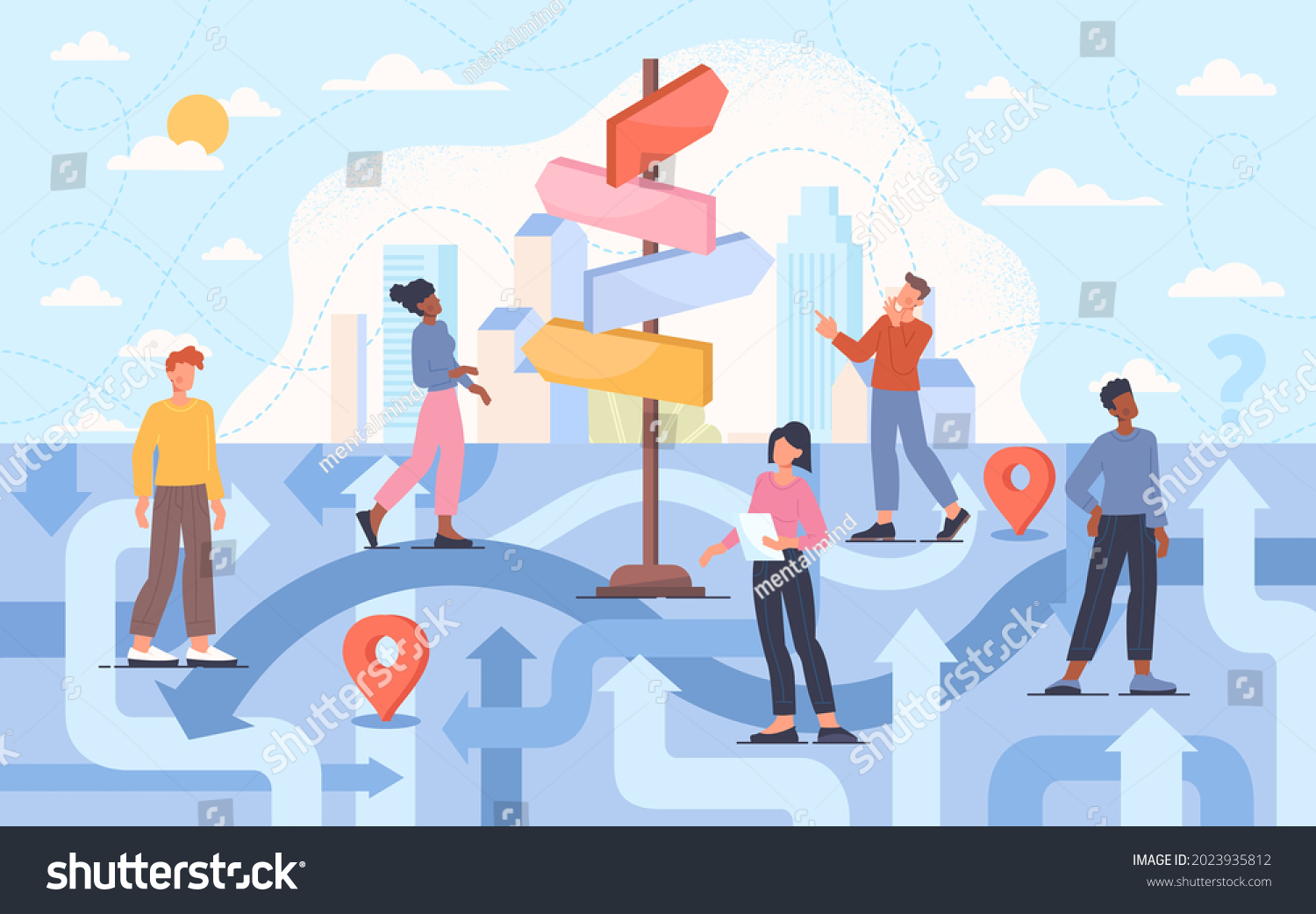 SVG of Young male and female characters are trying to find the right path direction and guide to destination. Different strategies for life choices and hardship solutions. Flat cartoon vector illustration svg