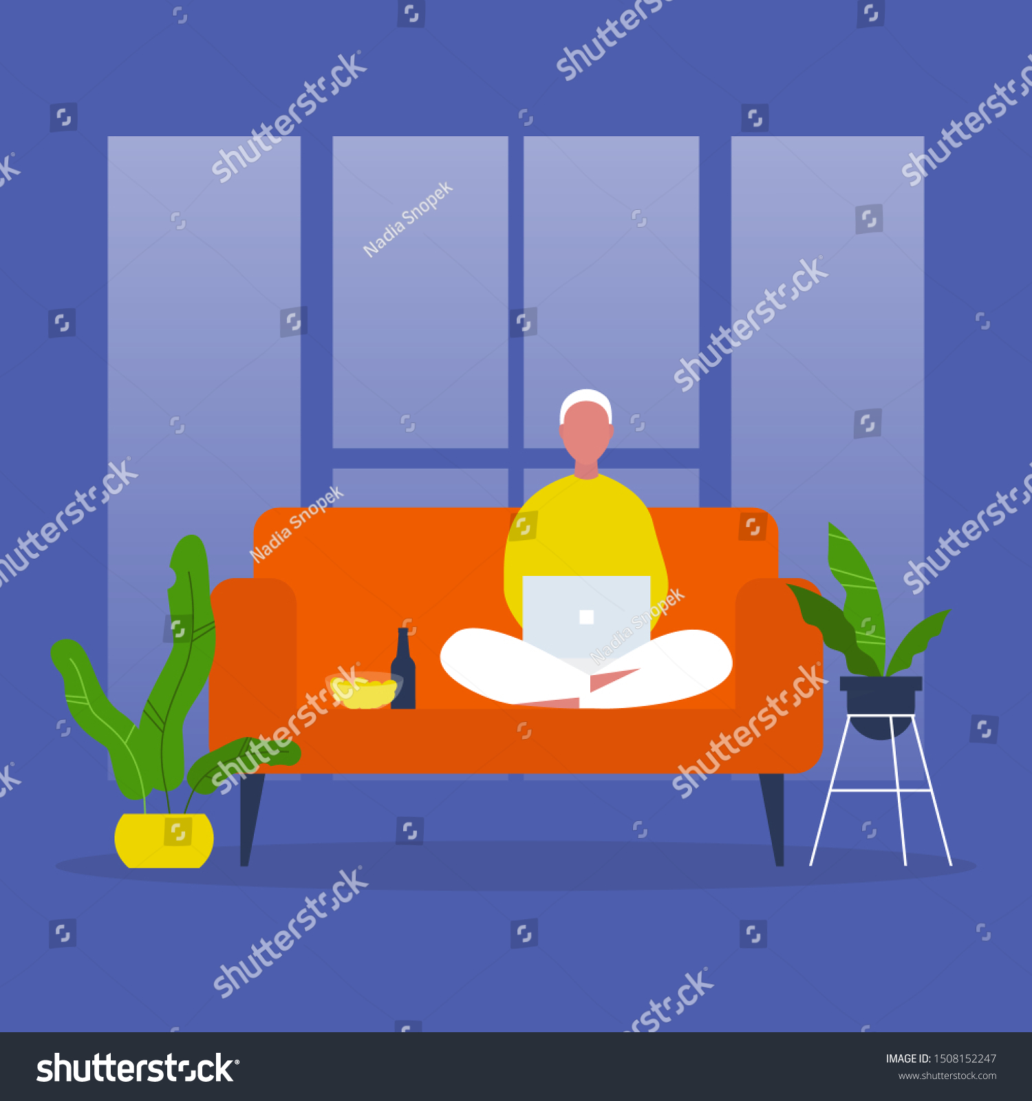 SVG of Young male character sitting on sofa and watching TV series on a laptop. Snacks and beer. Leisure. Weekend activities. Chill. Flat editable vector illustration, clip art svg
