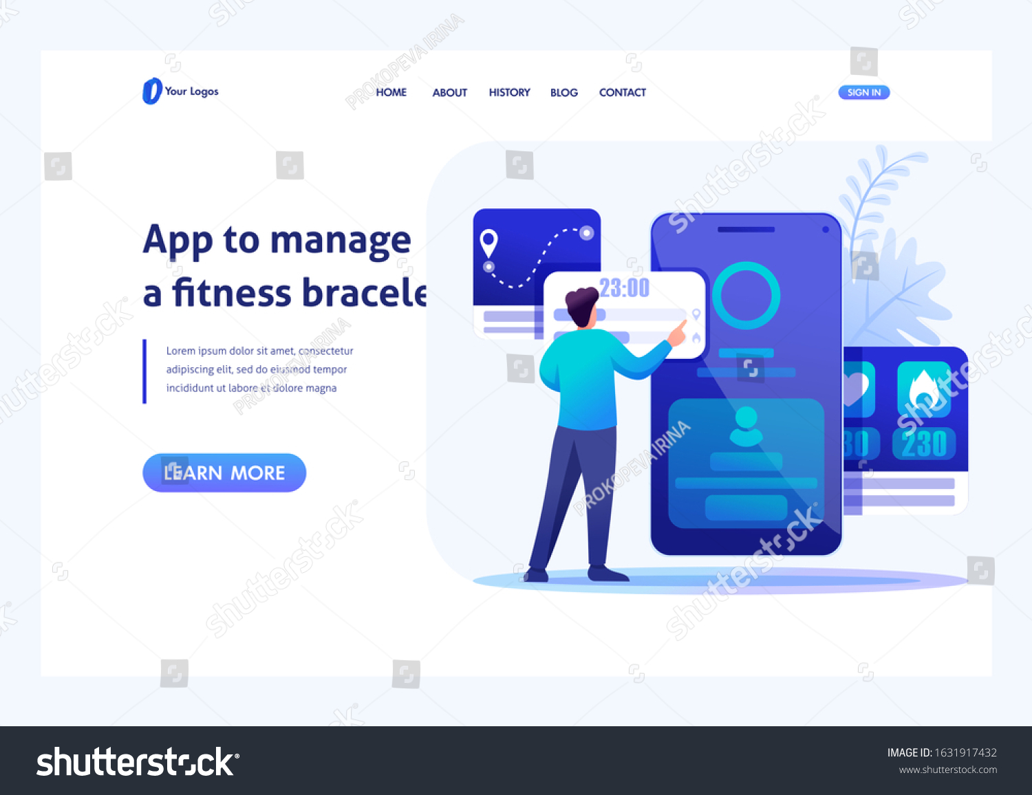 SVG of Young Man are working with a fitness bracelet management App. Header concept. Flat 2D character. Landing page concepts and web design. svg