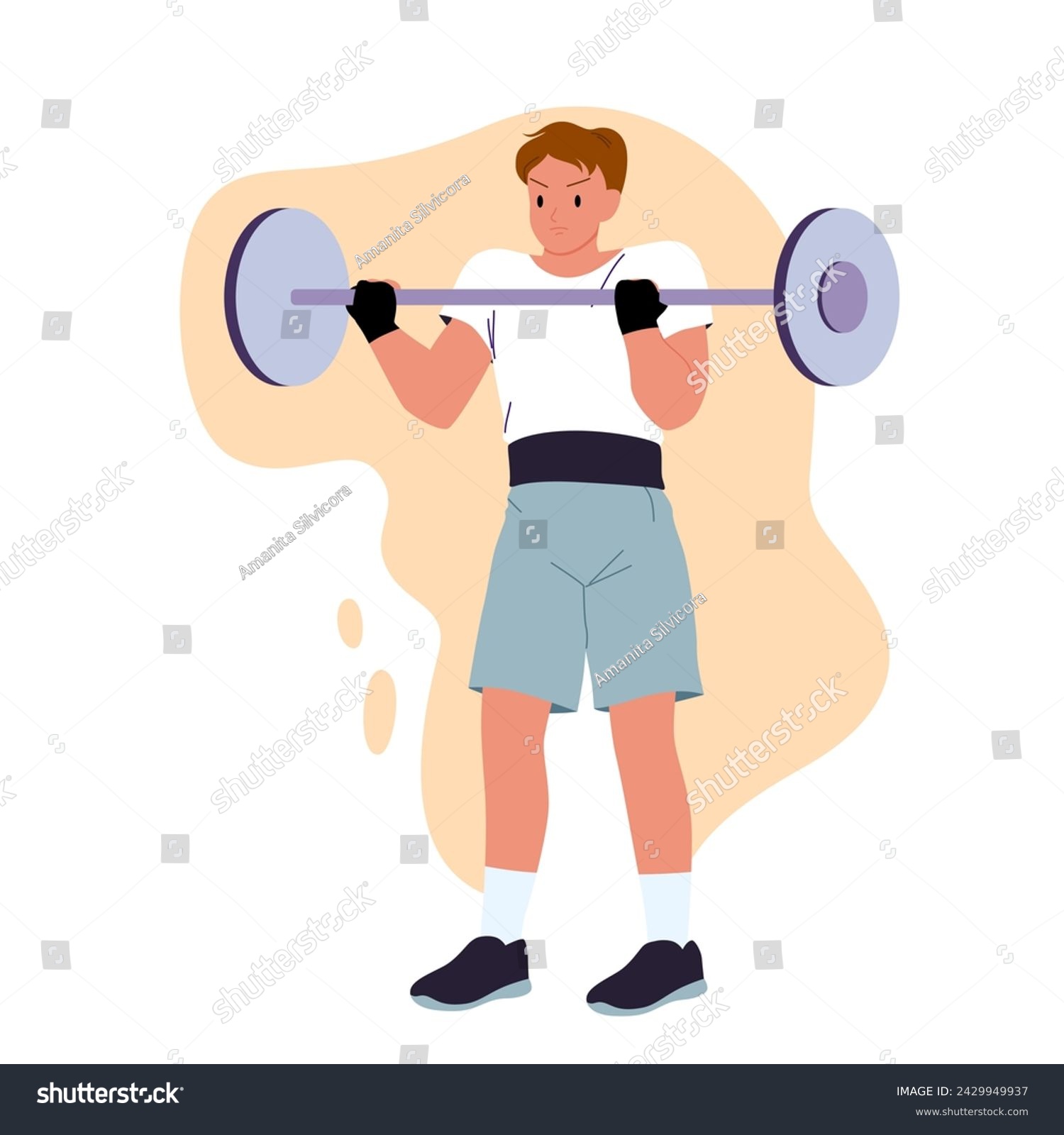 SVG of Young man lifting barbell in gym. Guy training strength of muscles at fitness workout, male weightlifter holding in hands big weight to lift, physical exercise of athlete cartoon vector illustration svg