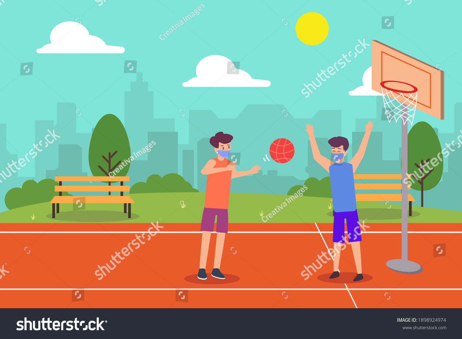 Young Man Playing Basketball Wearing Facemask Stock Vector (Royalty ...