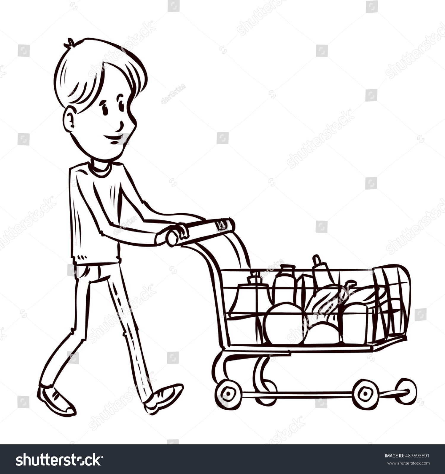 Young Man Pushing Supermarket Shopping Cart Stock Vector 487693591 ...