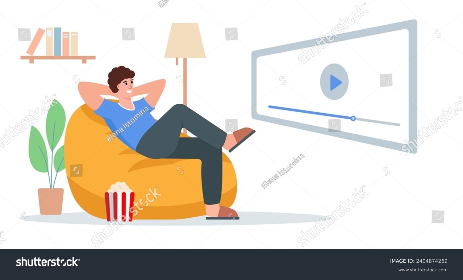 SVG of Young man sitting on armchair and watching movie at home. Male character relax on bean bag after work with popcorn and television. Flat or cartoon vector illustration. svg