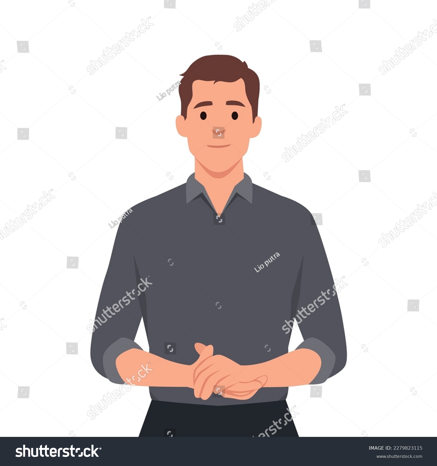 SVG of Young man standing with holding his hands in front of his stomach. Smiling man. Flat vector illustration isolated on white background svg