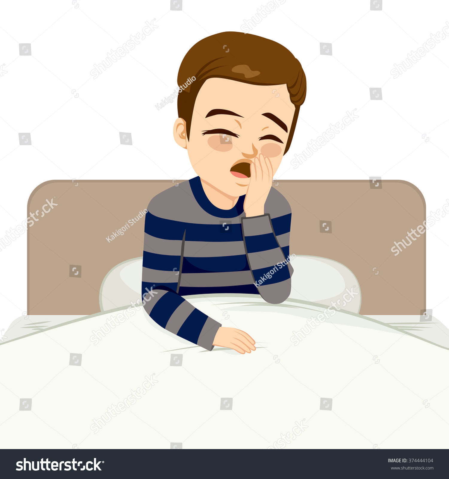 Young Man Waking Up And Yawning Sitting On Bed Stock Vector ...