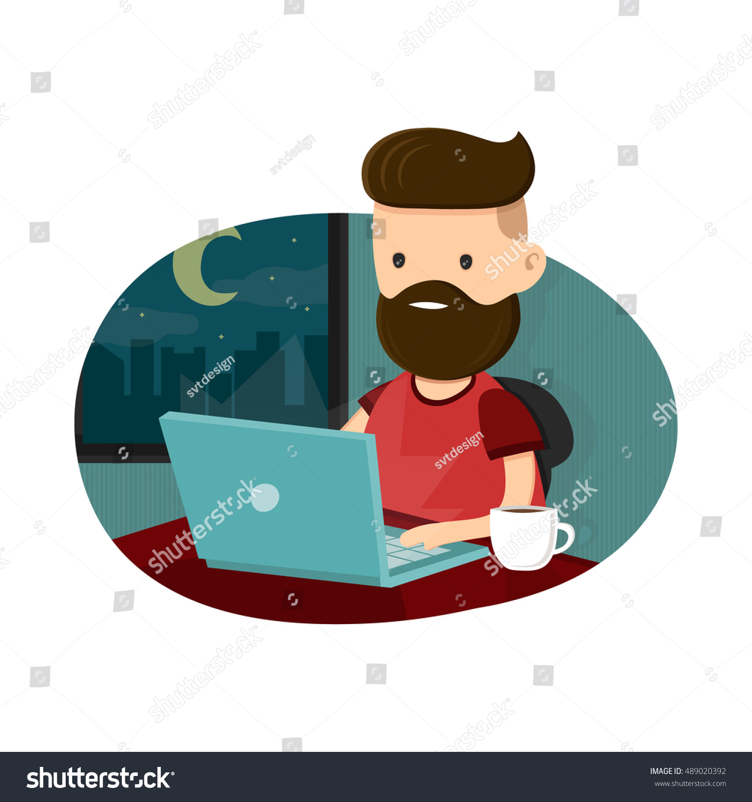 若い男性は ノートパソコンに座って深夜に残業するヒップスター