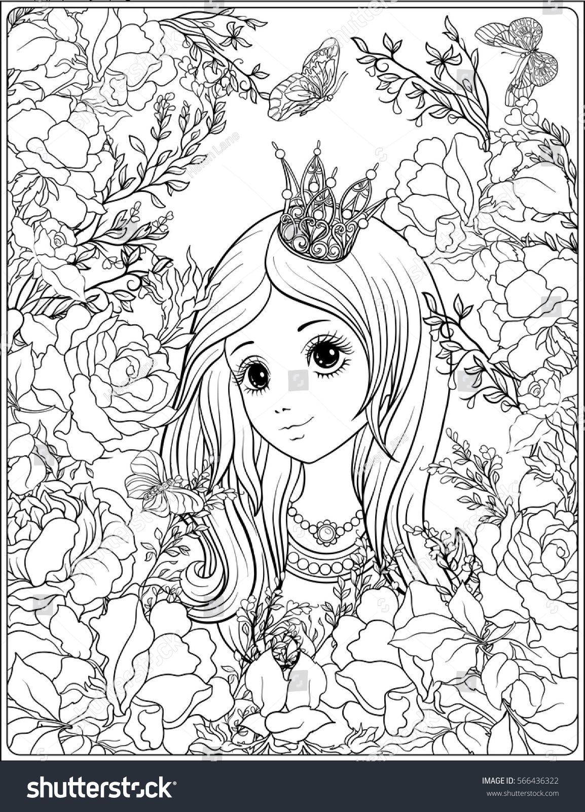 Young nice girl in princess crown in the garden of roses Outline drawing coloring page