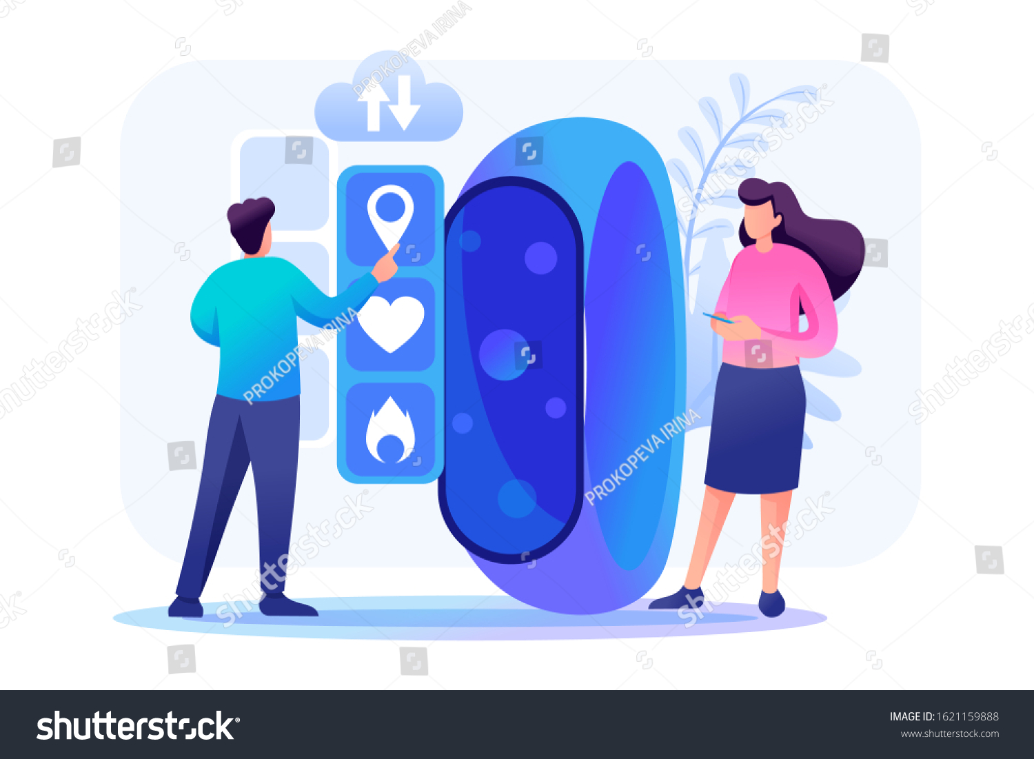 SVG of Young People are working with a fitness bracelet management App. Header concept. Flat 2D character. Concept for web design svg