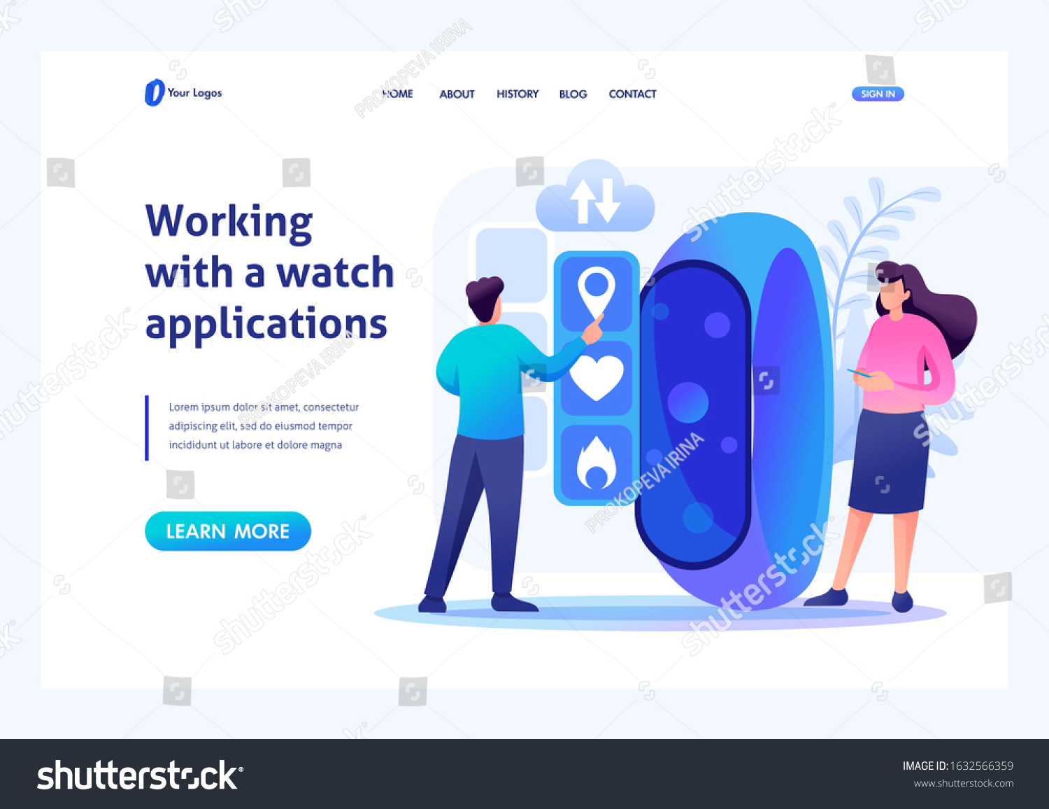 SVG of Young People are working with a fitness bracelet management App. Header concept. Flat 2D character. Landing page concepts and web design svg