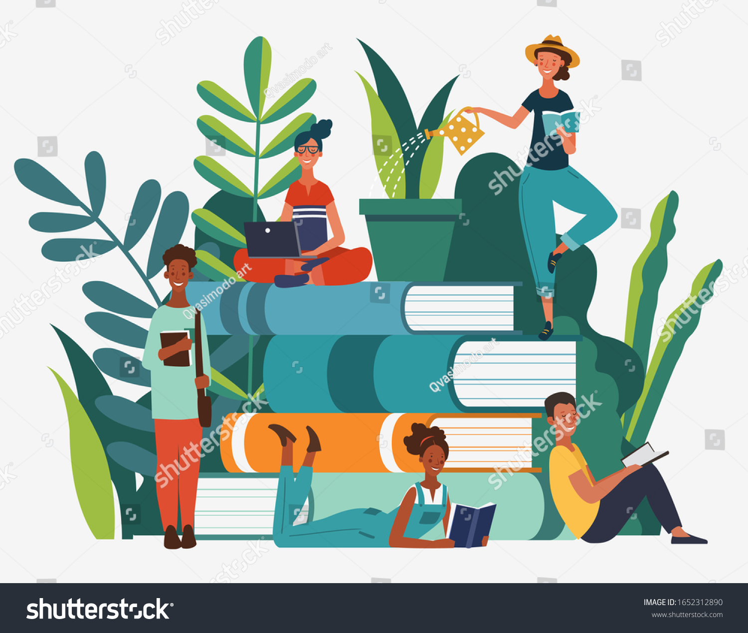 Young People Reading Books Park Summer Stock Vector Royalty Free