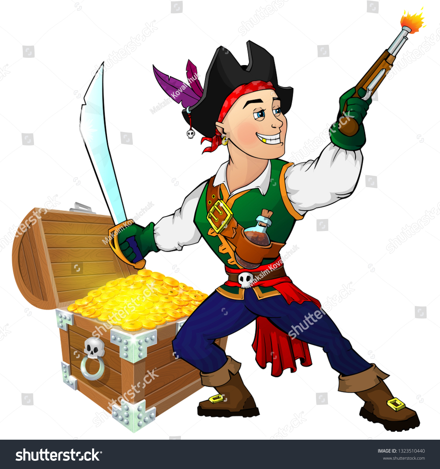 Young Pirate Holding Sword Pistol Treasure Stock Vector Royalty Free 1323510440 Shutterstock