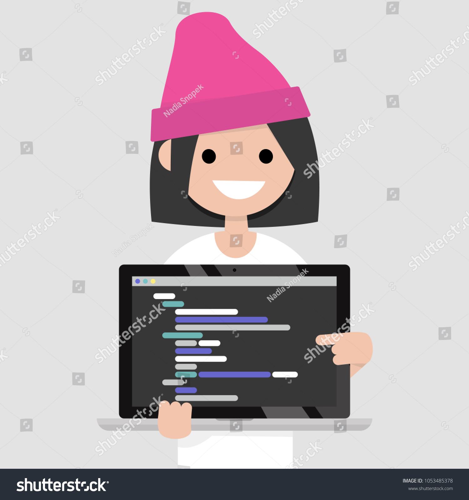 recommend clip art: Young programmer pointing on the laptop screen. Programming code. Technology / flat editable vector illustration, clip art