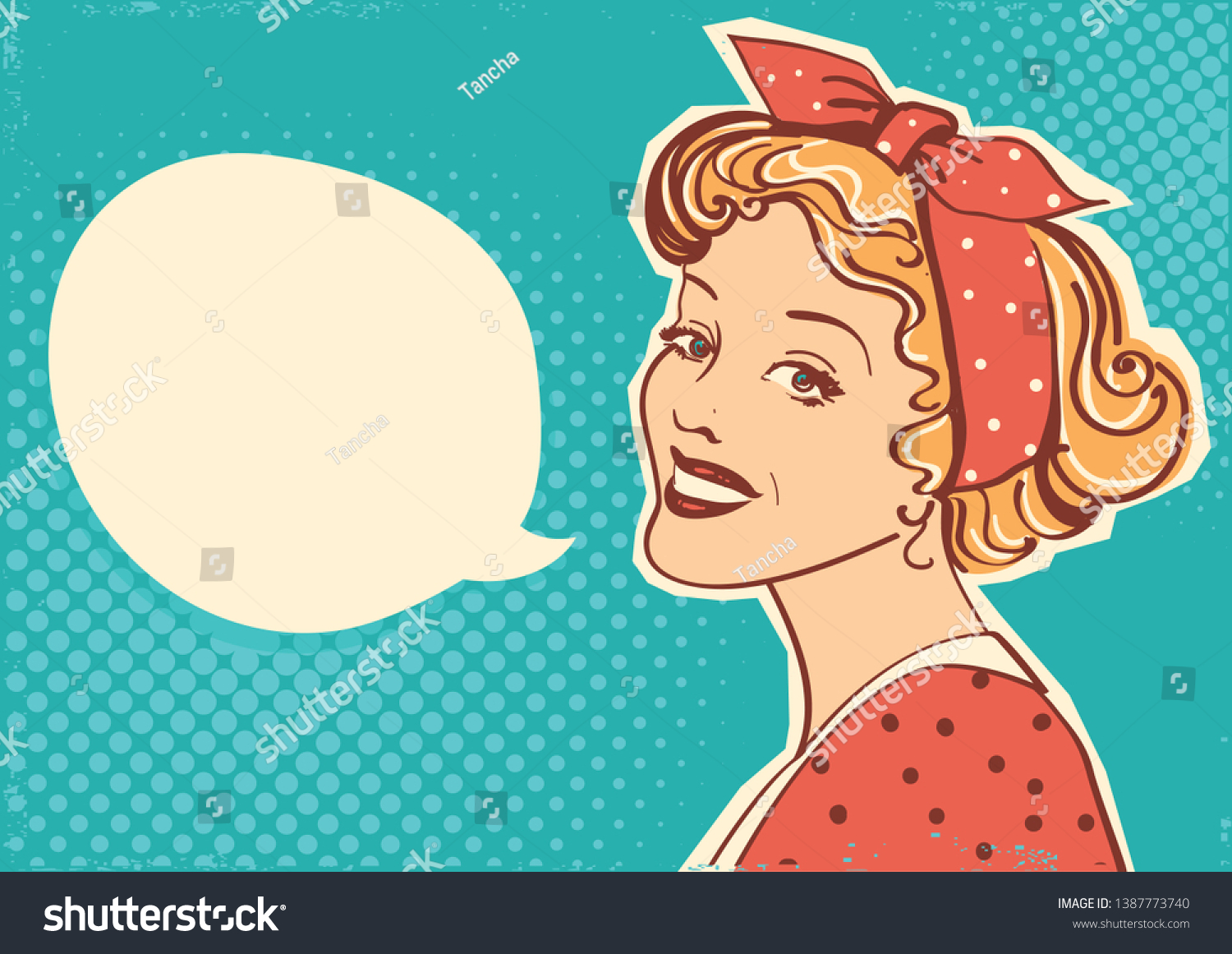 SVG of Young retro woman portrait with speach bubble for text.Vector illustration pop art background for design svg