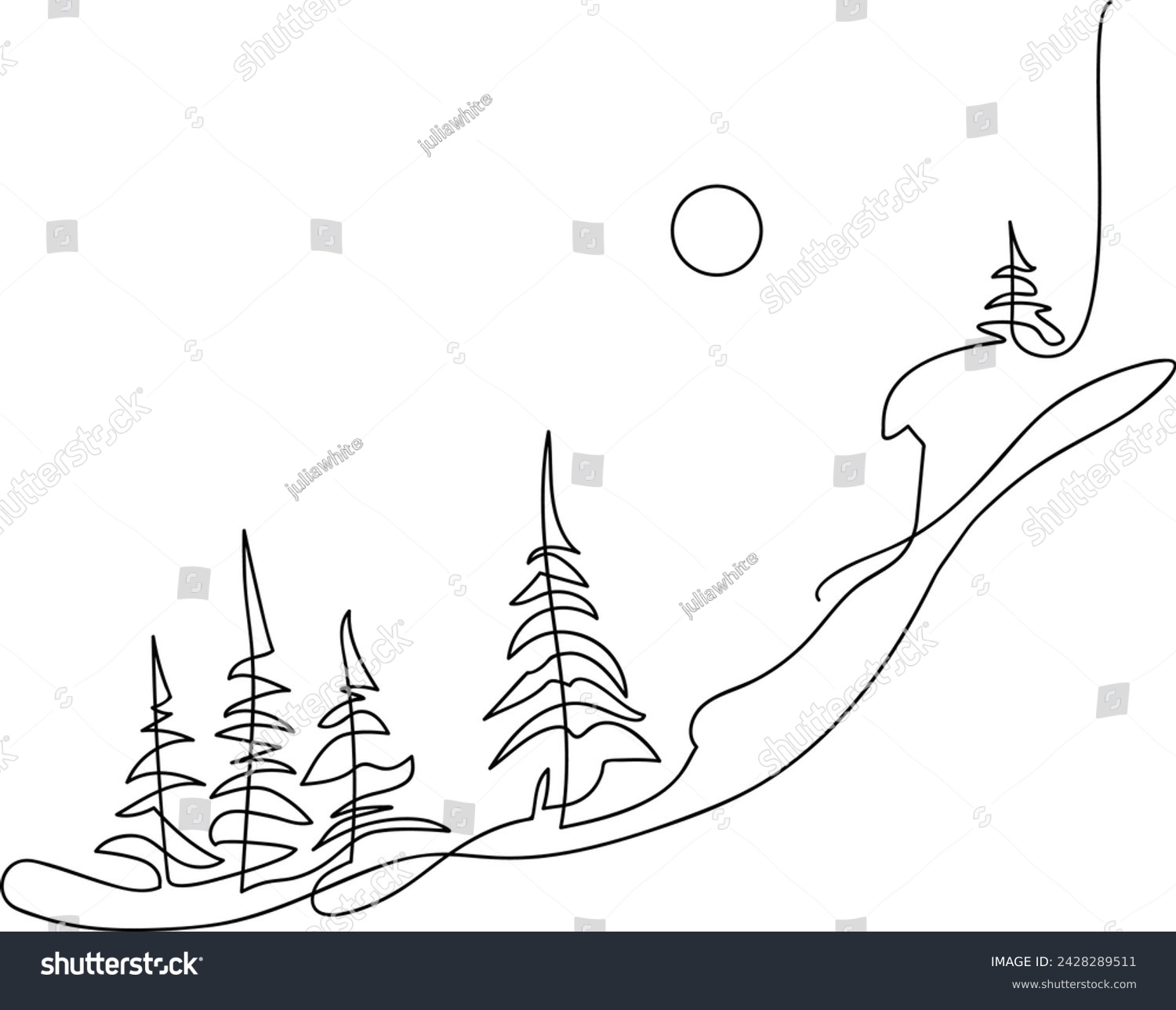 SVG of Young spruce on a snowy mountain slope. Winter landscape. Continuous line drawing. Vector illustration svg