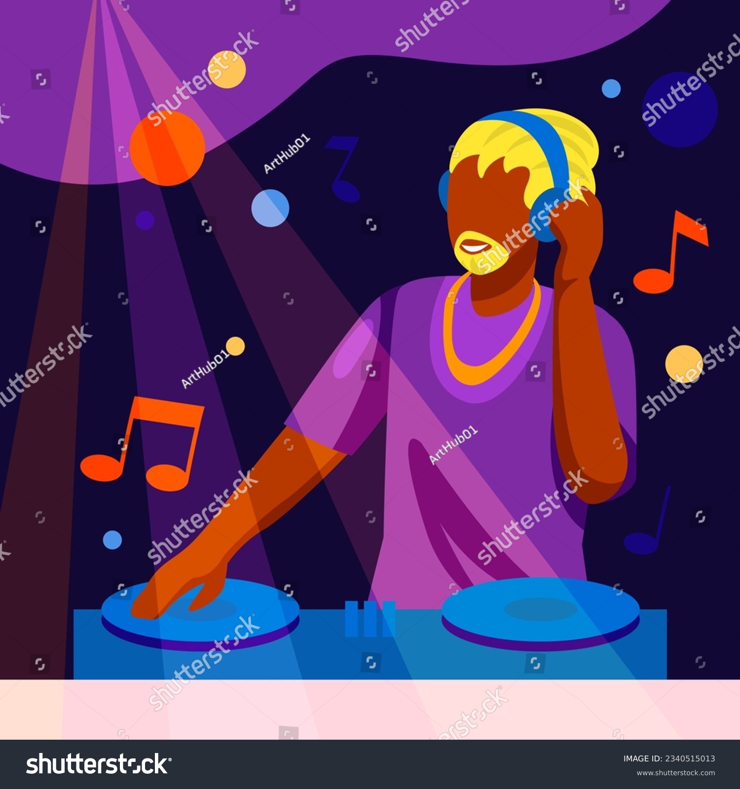 SVG of Young stylish DJ works in the club, creating music for dance. Concept of creating music on stage and hobby. Concert and disco concept. Flat vector illustration in cartoon style svg