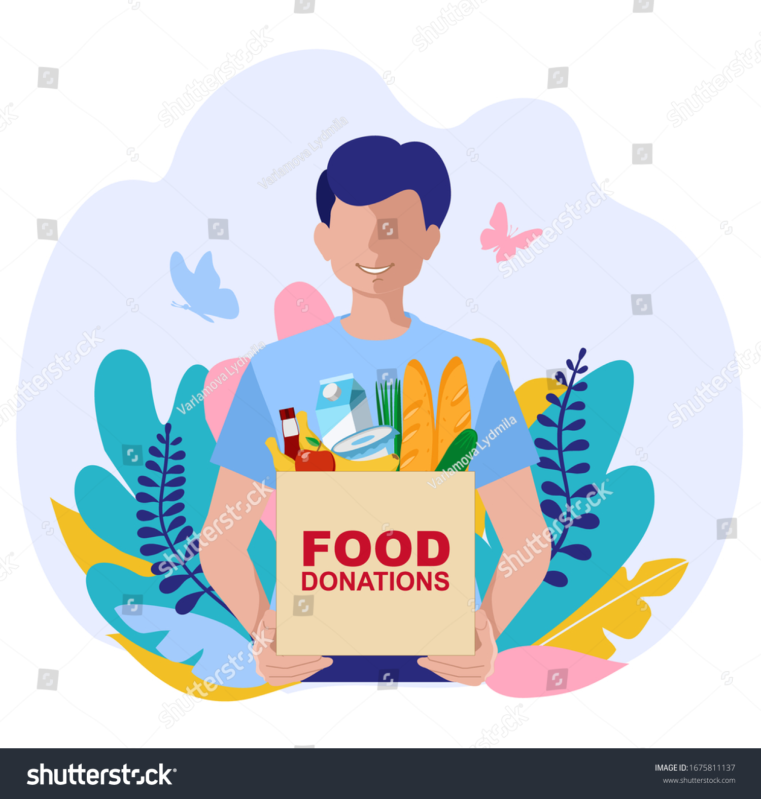 SVG of Young Volunteer with food donation boxes. Vector concept illustrations. Food donation concept with character. Can use for web banner, infographics, hero images.  svg