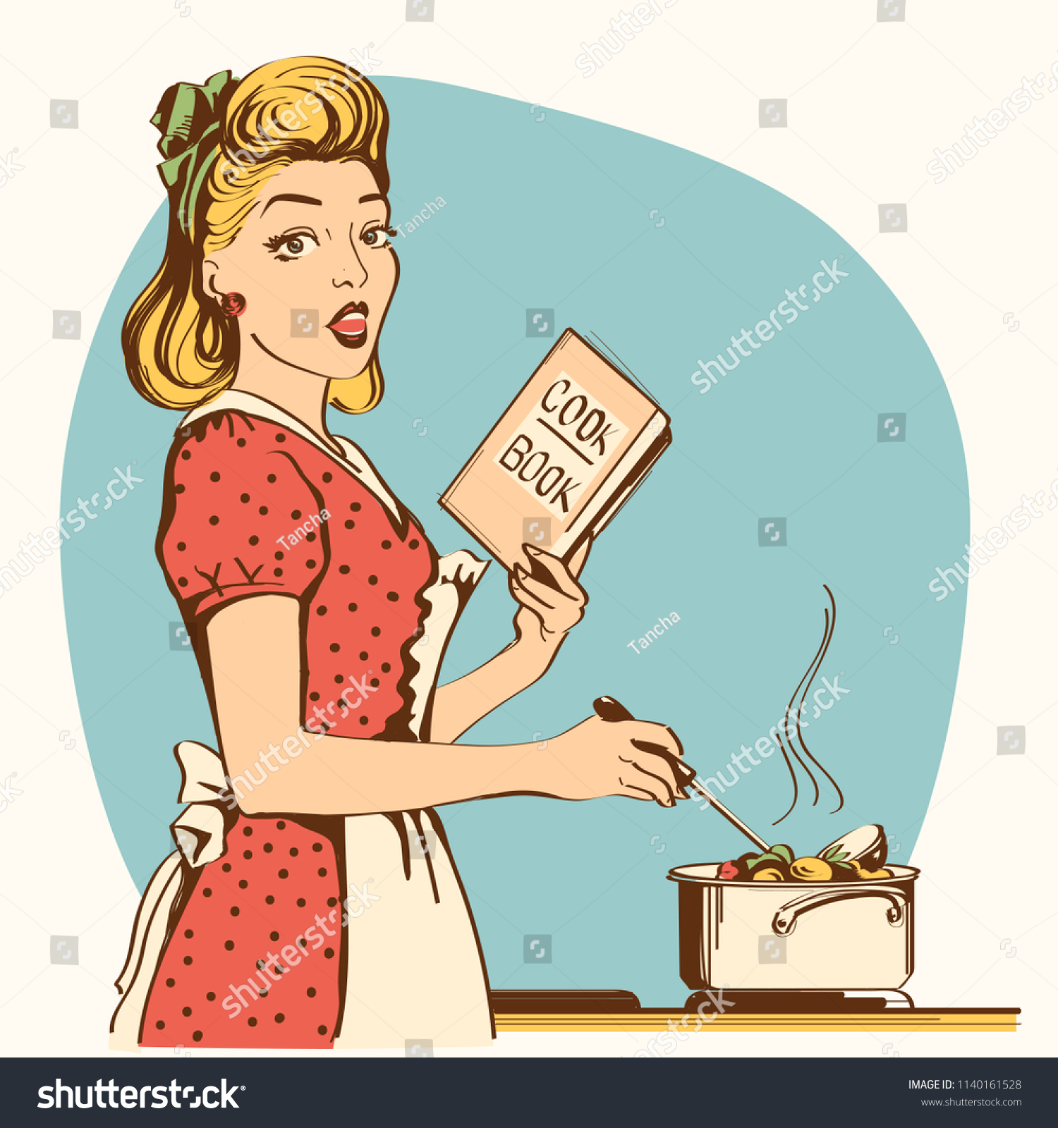 SVG of Young woman cooking soup in her kitchen room.Reto color style poster svg