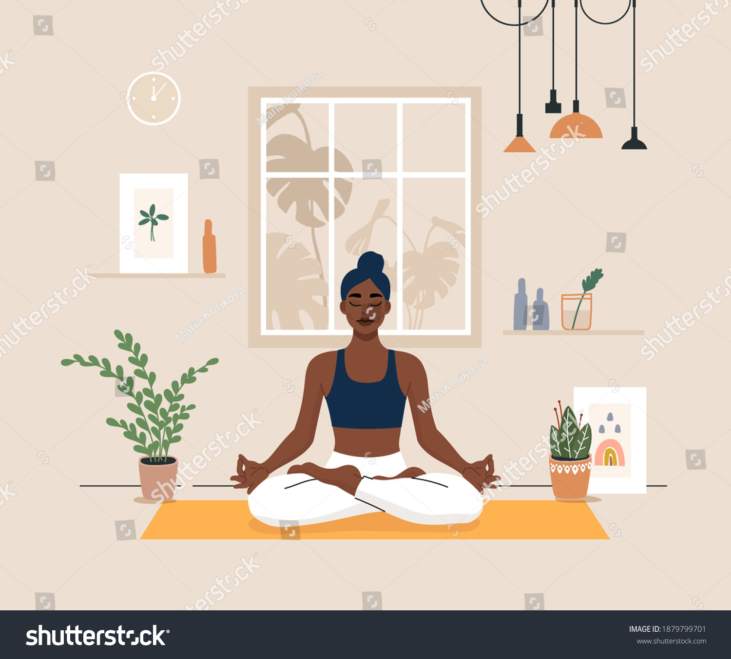 SVG of Young woman doing yoga exercises, practicing meditation on lotus pose on the mat. Black female character practicing in yoga studio or home. Trendy flat vector illustration. svg