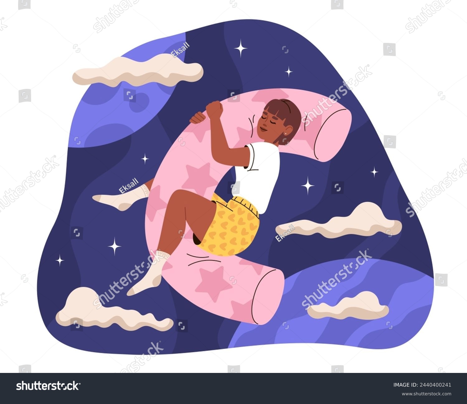 SVG of Young woman falls asleep on orthopedic body pillow. Girl hugs pillow and sleeps sweetly. Person naps among clouds, stars and planets in space. Healthy sleep, dreams. svg